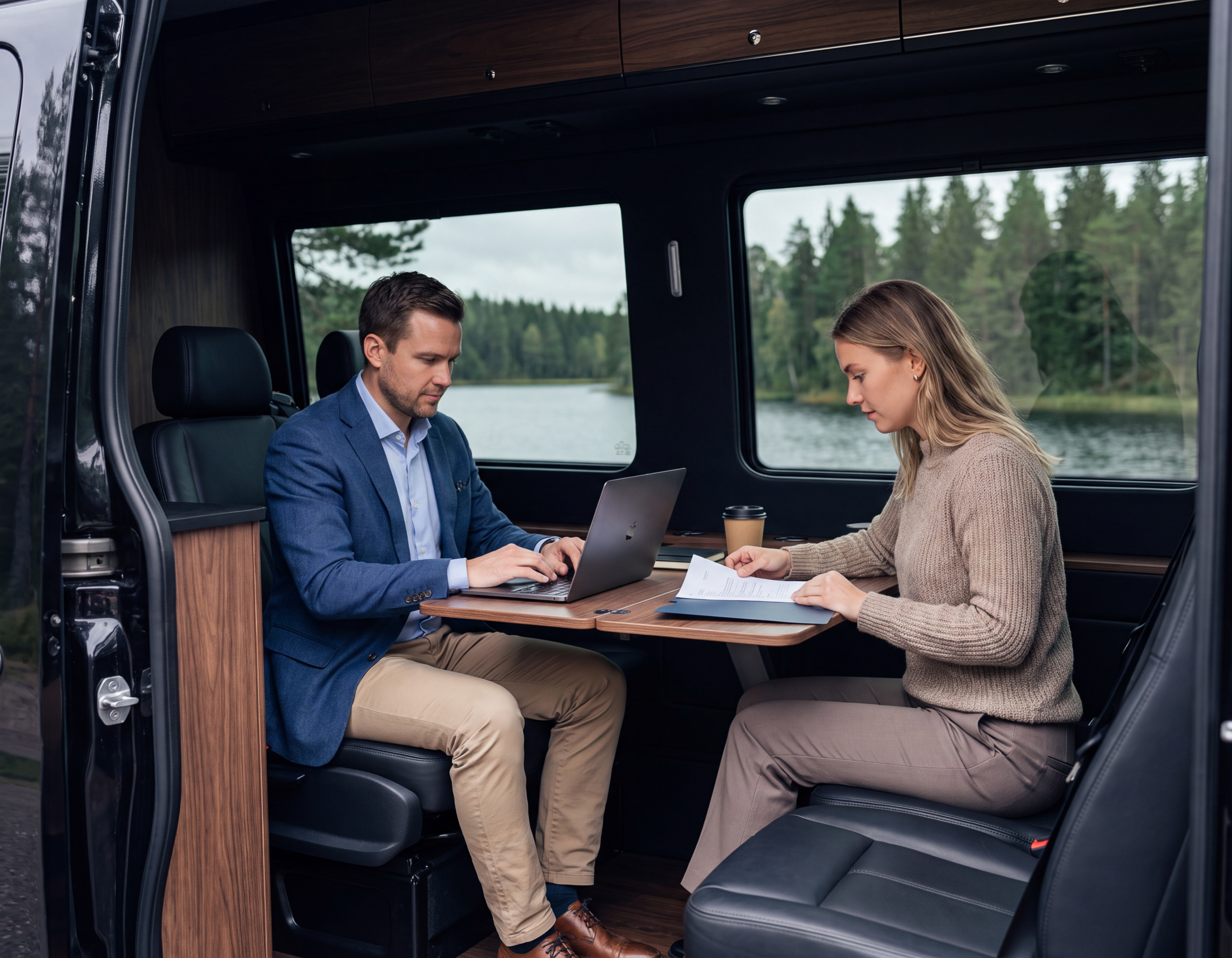 Personal Driver Service for JW Marriott The Rosseau Muskoka 7 Two executives working at a table inside a black Sprinter cabin en route to JW Marriott Rosseau, lake visible through the window