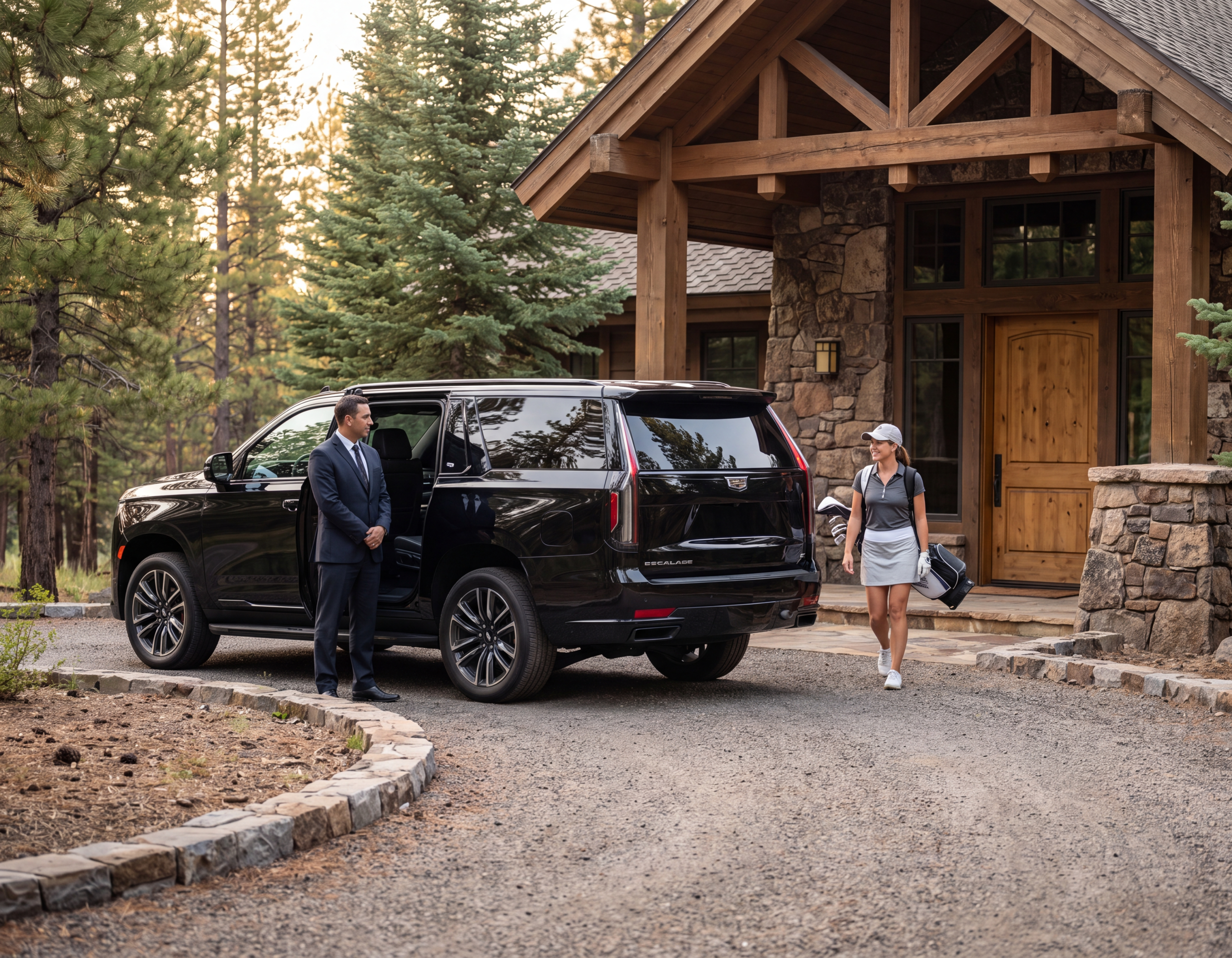 Black Cadillac Escalade ESV at a stone and timber Muskoka lodge entrance, chauffeur beside the open door