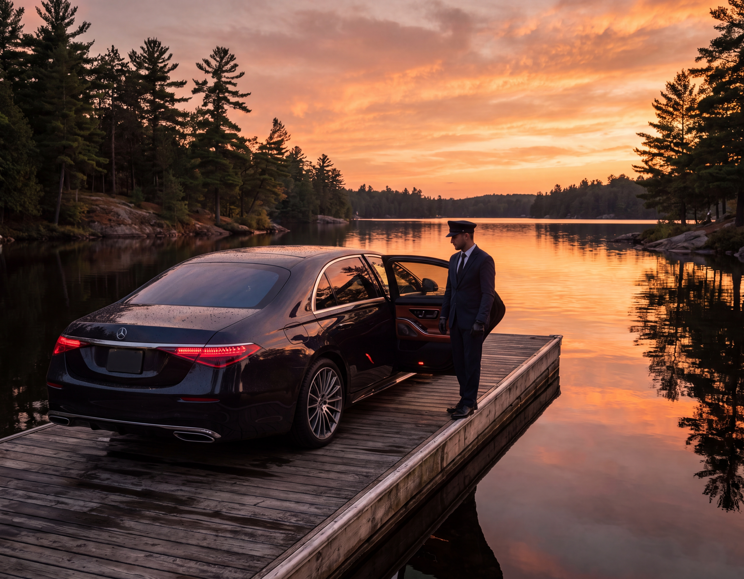 Black Mercedes-Benz S-Class sedan at a Lake Rosseau dock at dusk, chauffeur standing beside the open rear door
