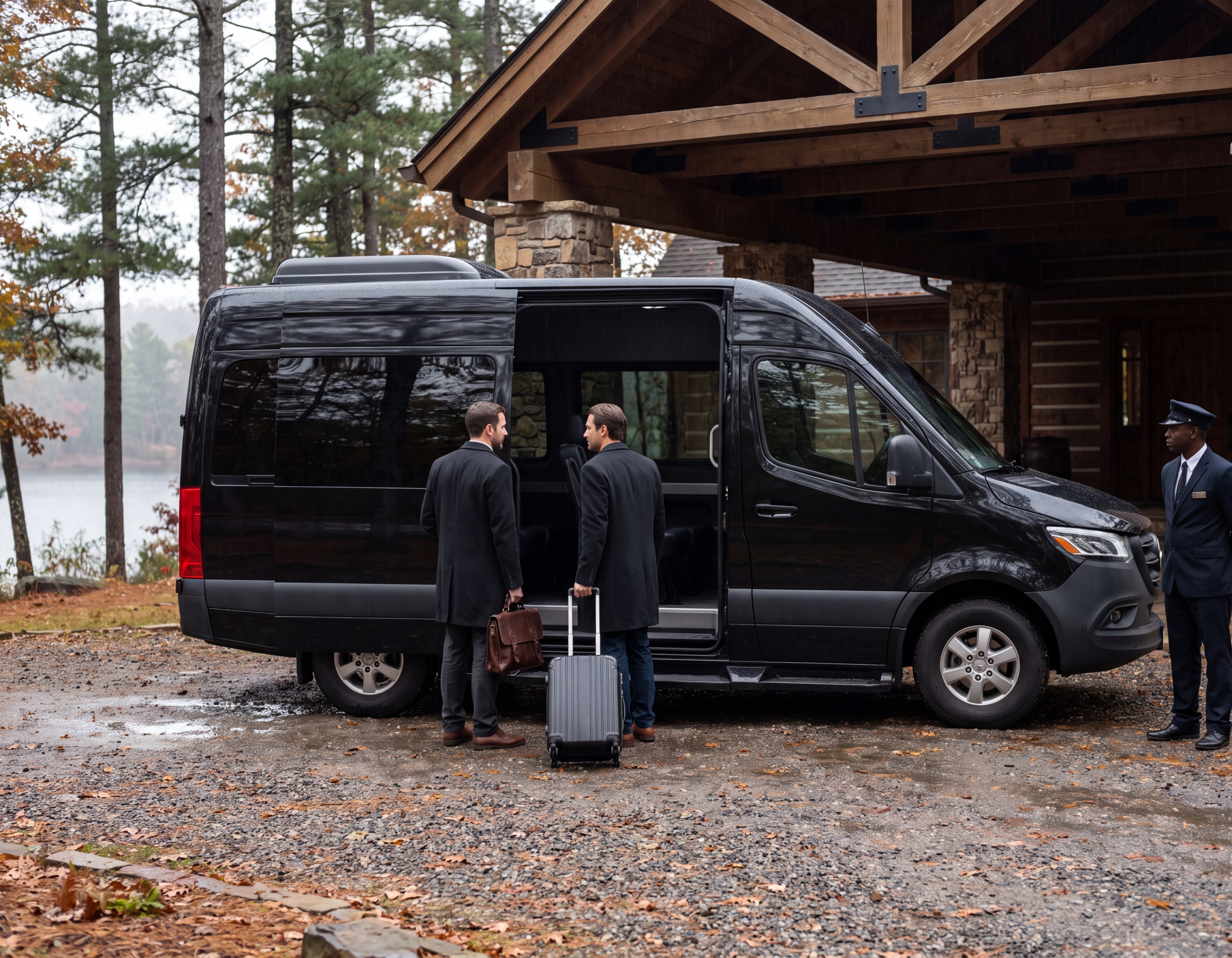 Black Mercedes-Benz Sprinter at a Muskoka lodge portico, two business travelers boarding with luggage, chauffeur waiting
