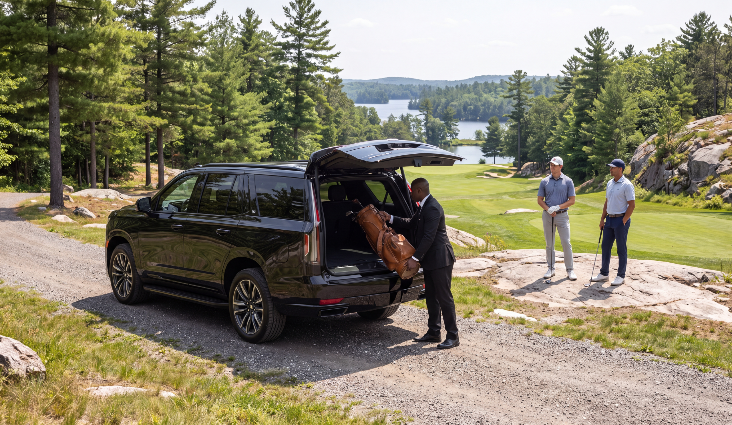 Personal Driver Service for JW Marriott The Rosseau Muskoka 8 Black Cadillac Escalade beside a Muskoka granite fairway, chauffeur loading a golf bag for two golfers