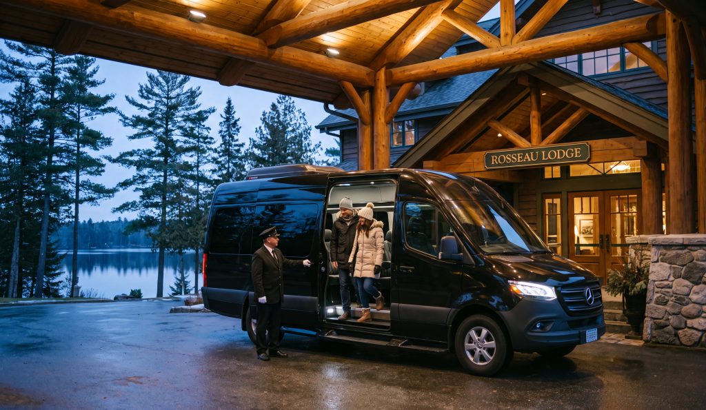 RM Locations 1 Black Mercedes-Benz Sprinter at a Lake Rosseau lodge portico at dusk, chauffeur assisting arriving guests, JW Marriott Rosseau personal driver service