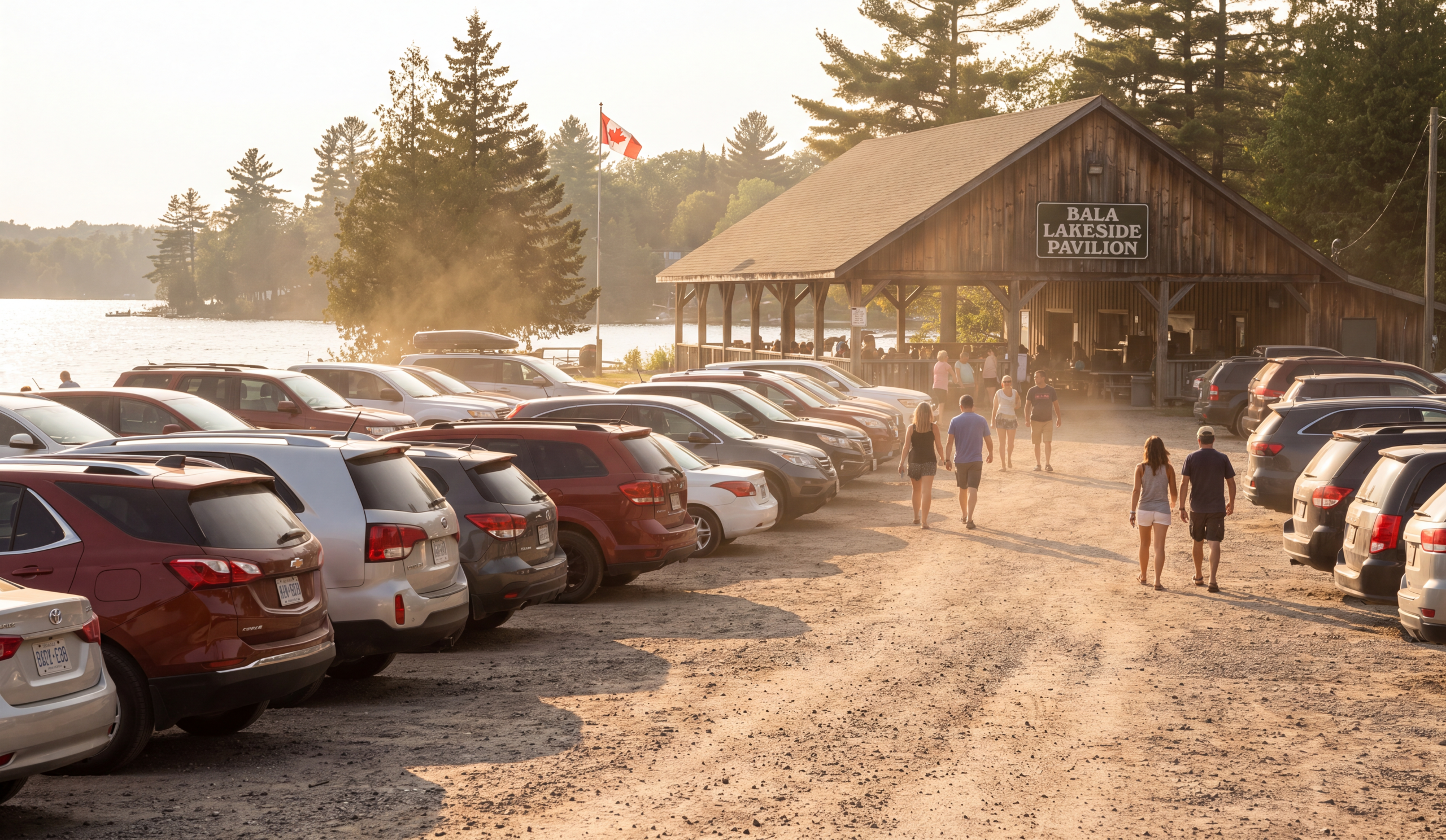 Overflow gravel parking lot near the lakeside venue in Bala Ontario