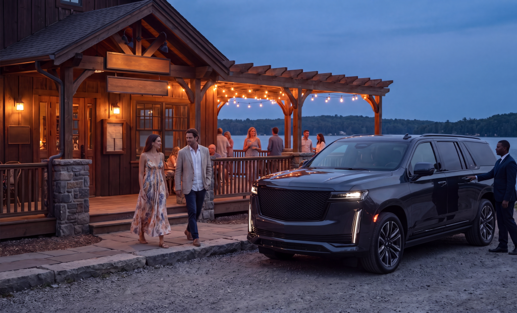 Black Cadillac Escalade at a lakeside timber restaurant at dusk, chauffeur welcoming a couple