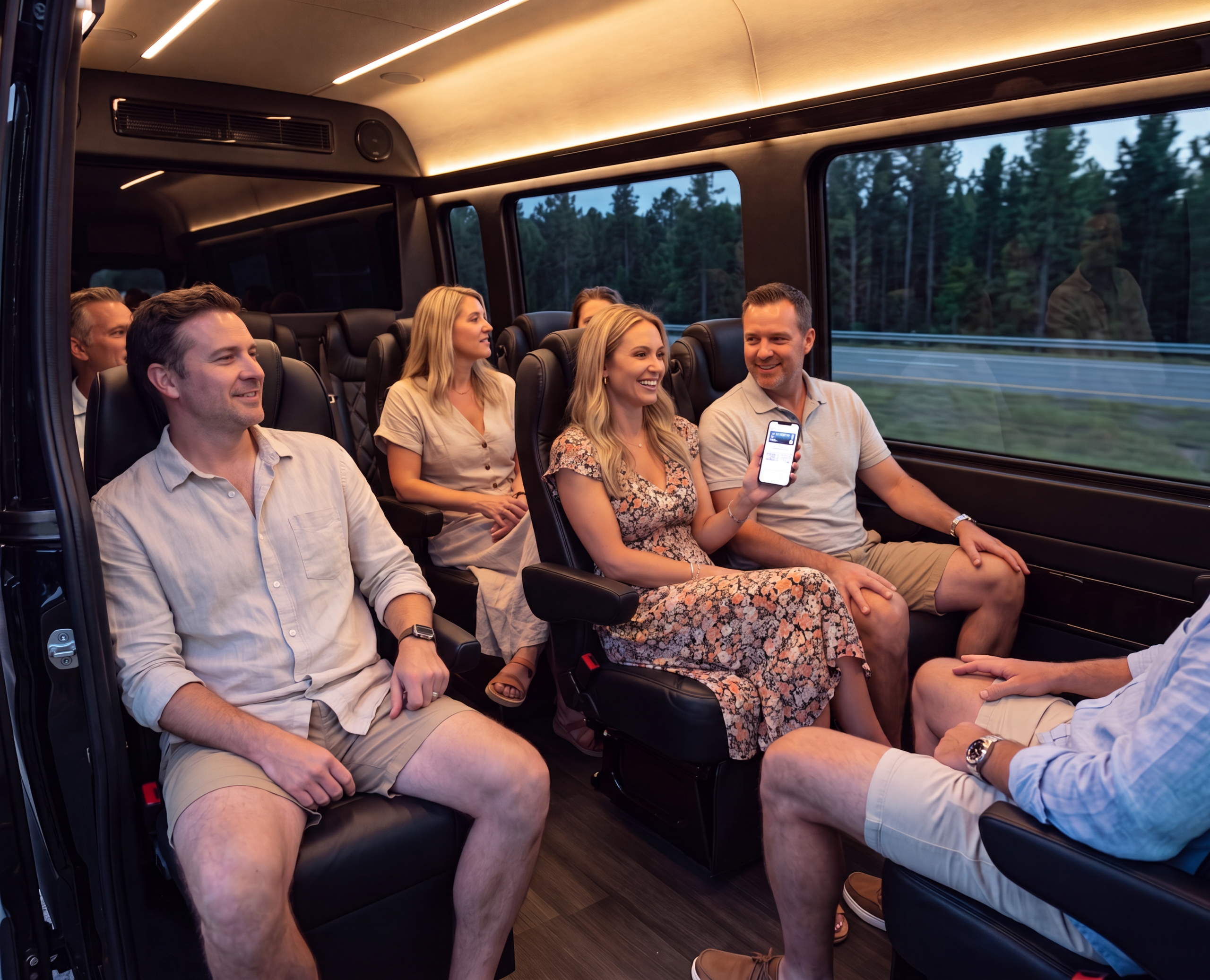 Friends inside a black party van heading to a Muskoka concert on a summer night
