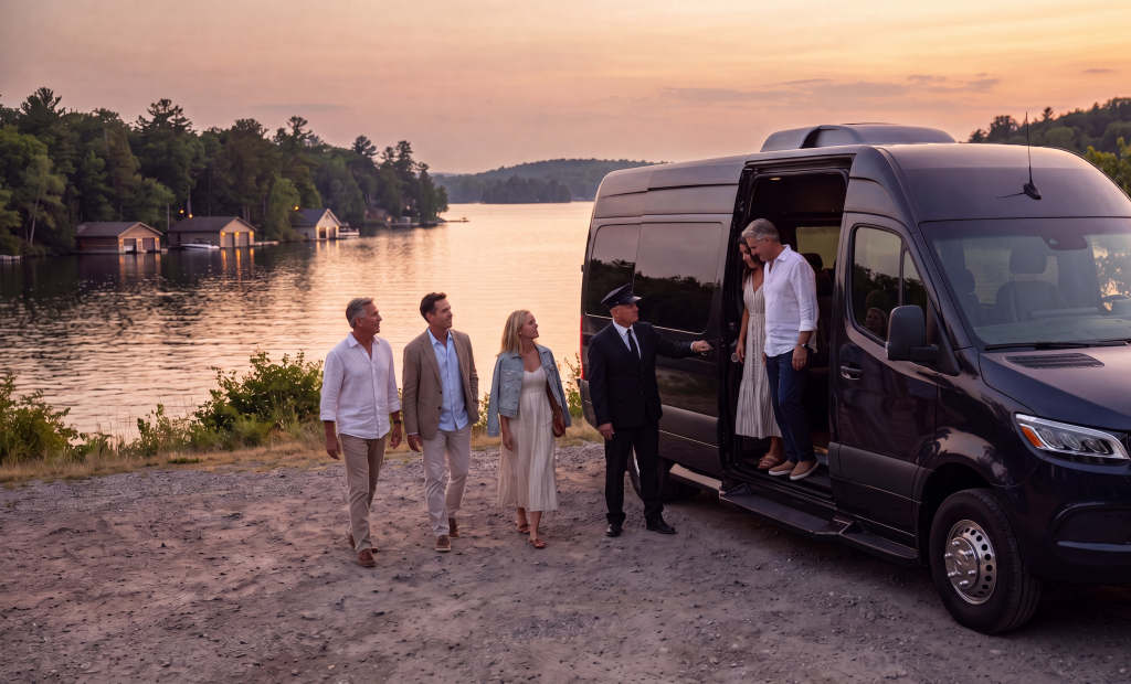 Black Sprinter van parked at a Lake Muskoka lookout near Bala at sunset with a chauffeur holding the door