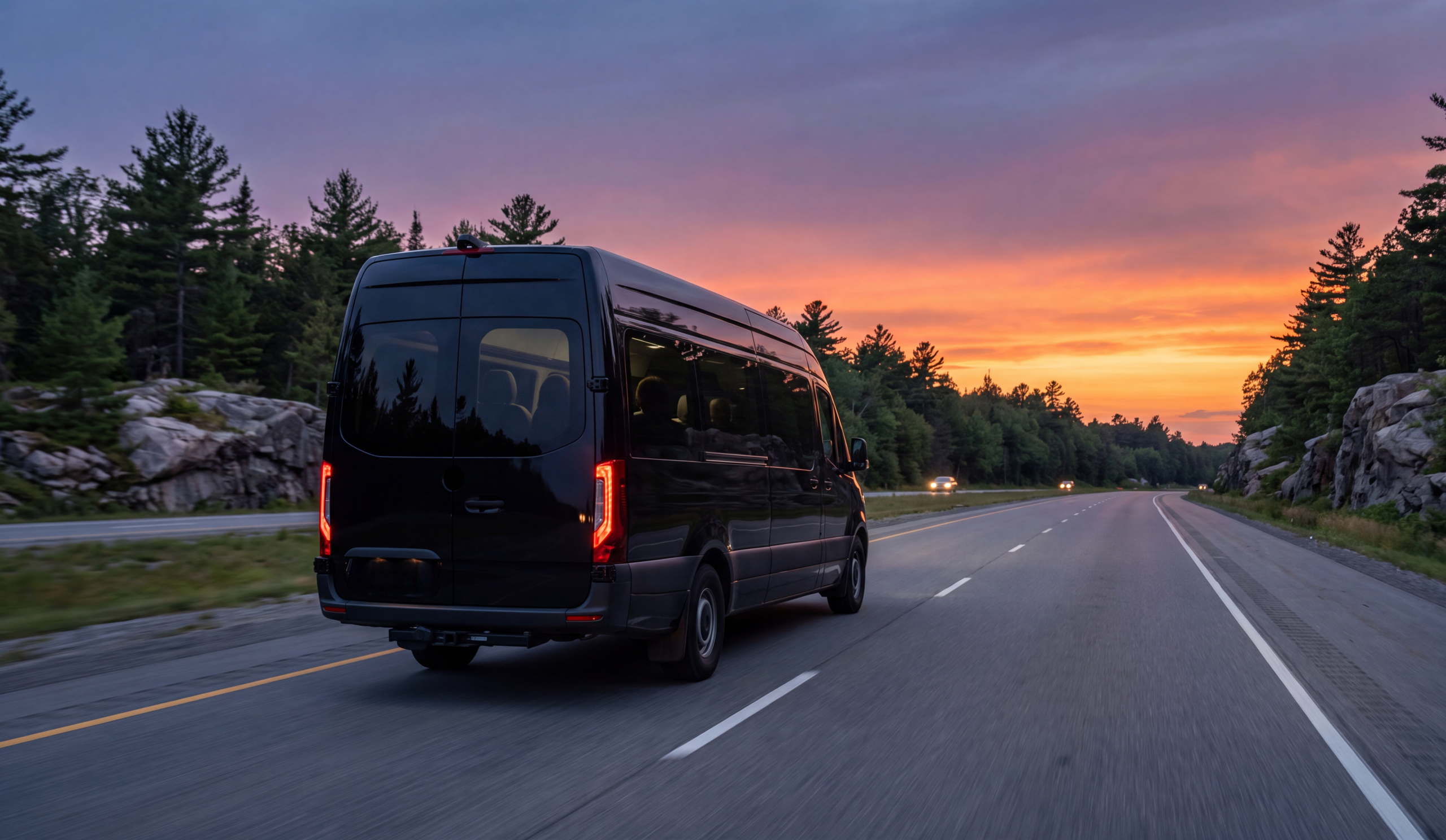 Black Sprinter heading north on an Ontario highway toward cottage country at dusk