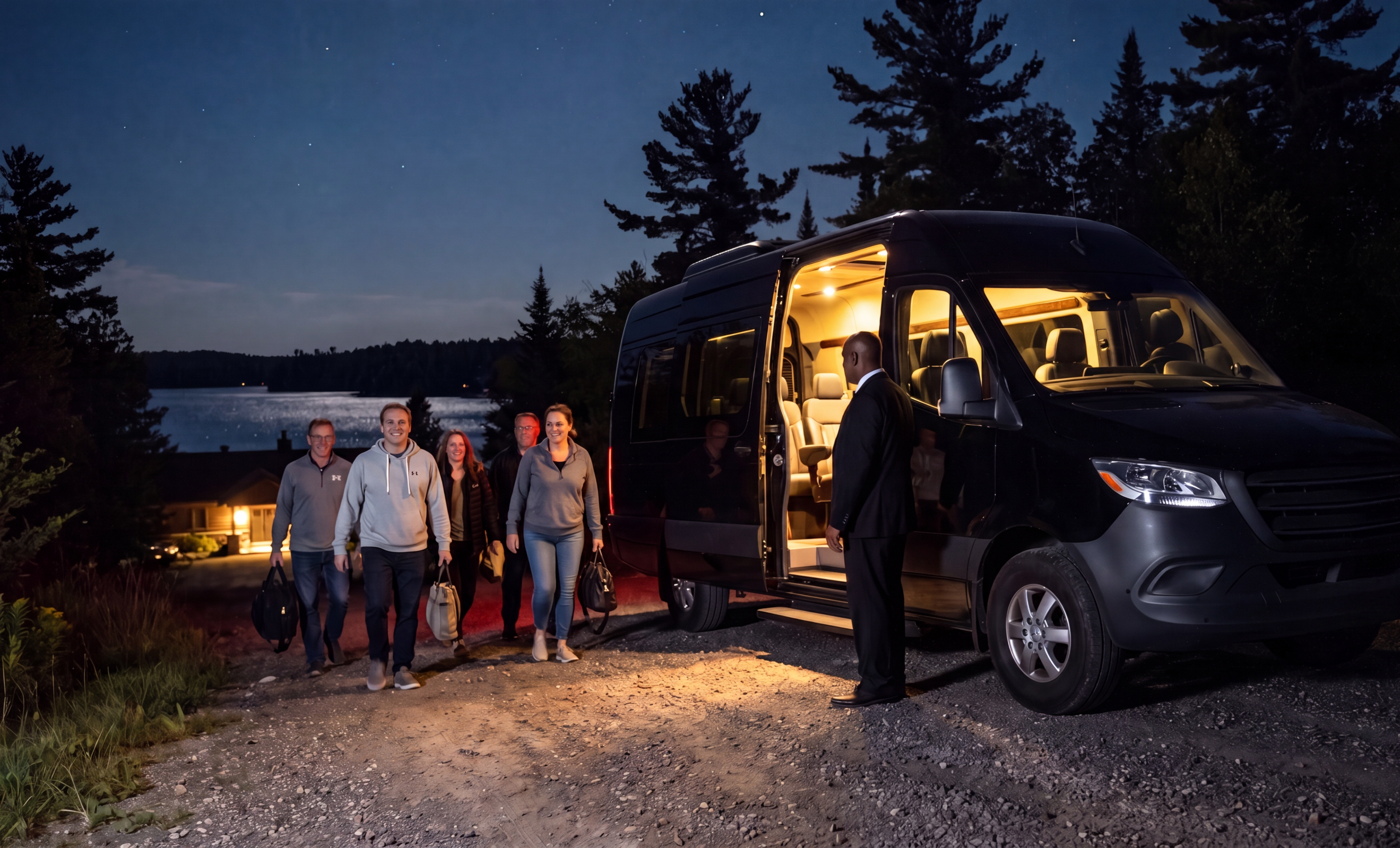 Group returning to a waiting black Sprinter after a lakeside concert at night in Muskoka