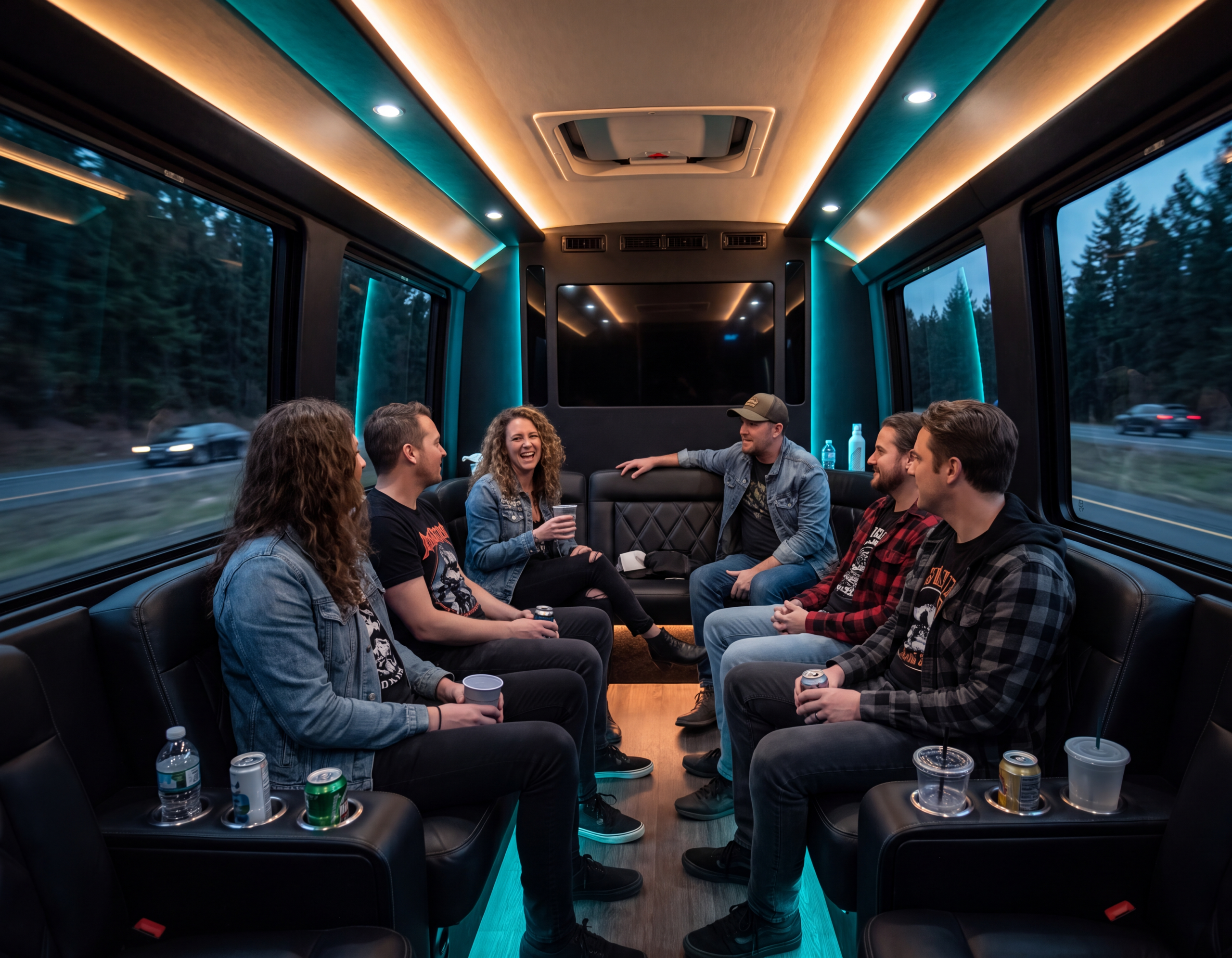 Friends celebrating inside a black party van en route to a Muskoka concert