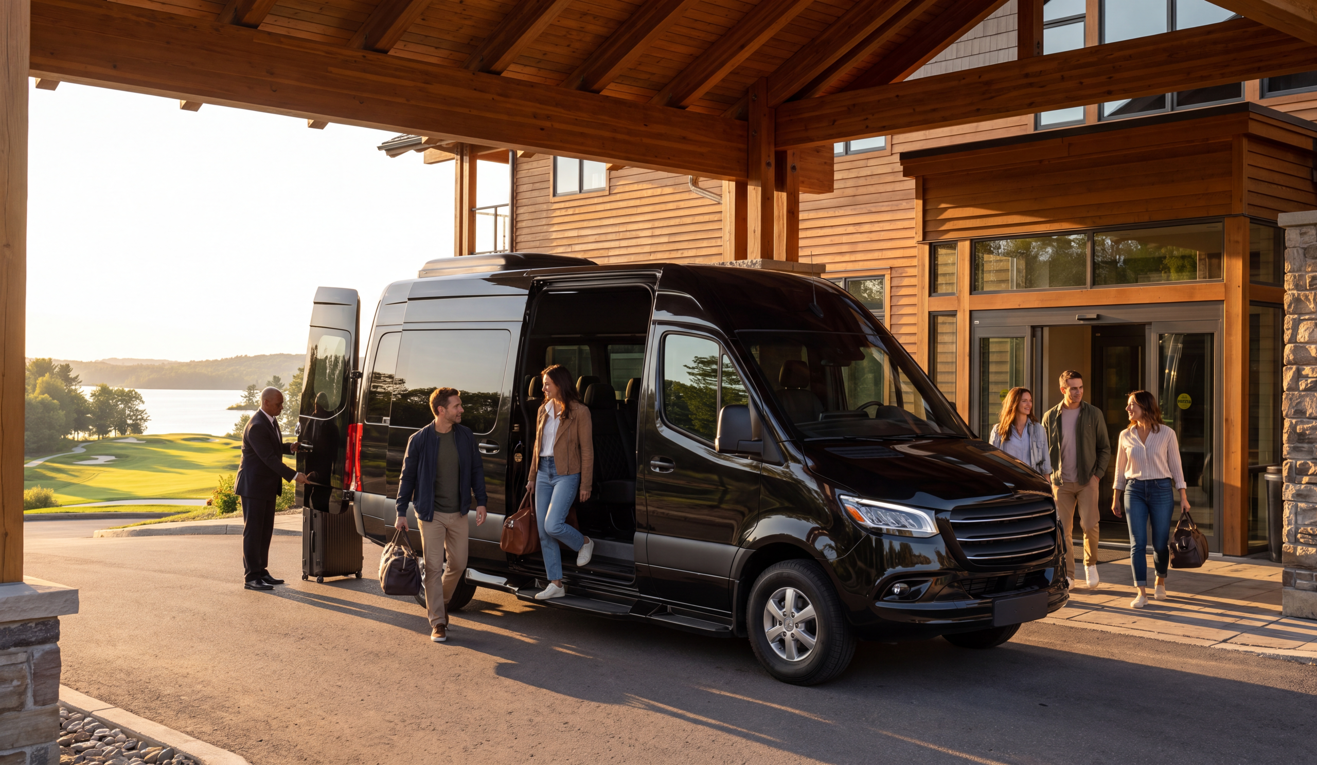 Black Sprinter dropping guests at a Muskoka lakeside resort portico at golden hour