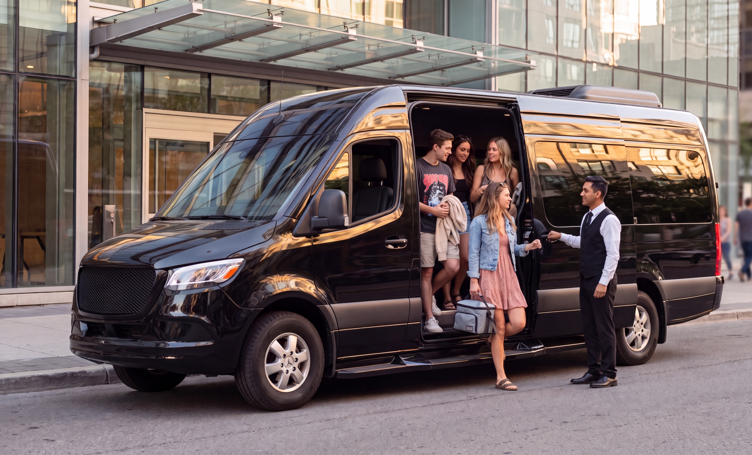 Friends boarding a black Sprinter outside a Toronto condo before a Muskoka concert run