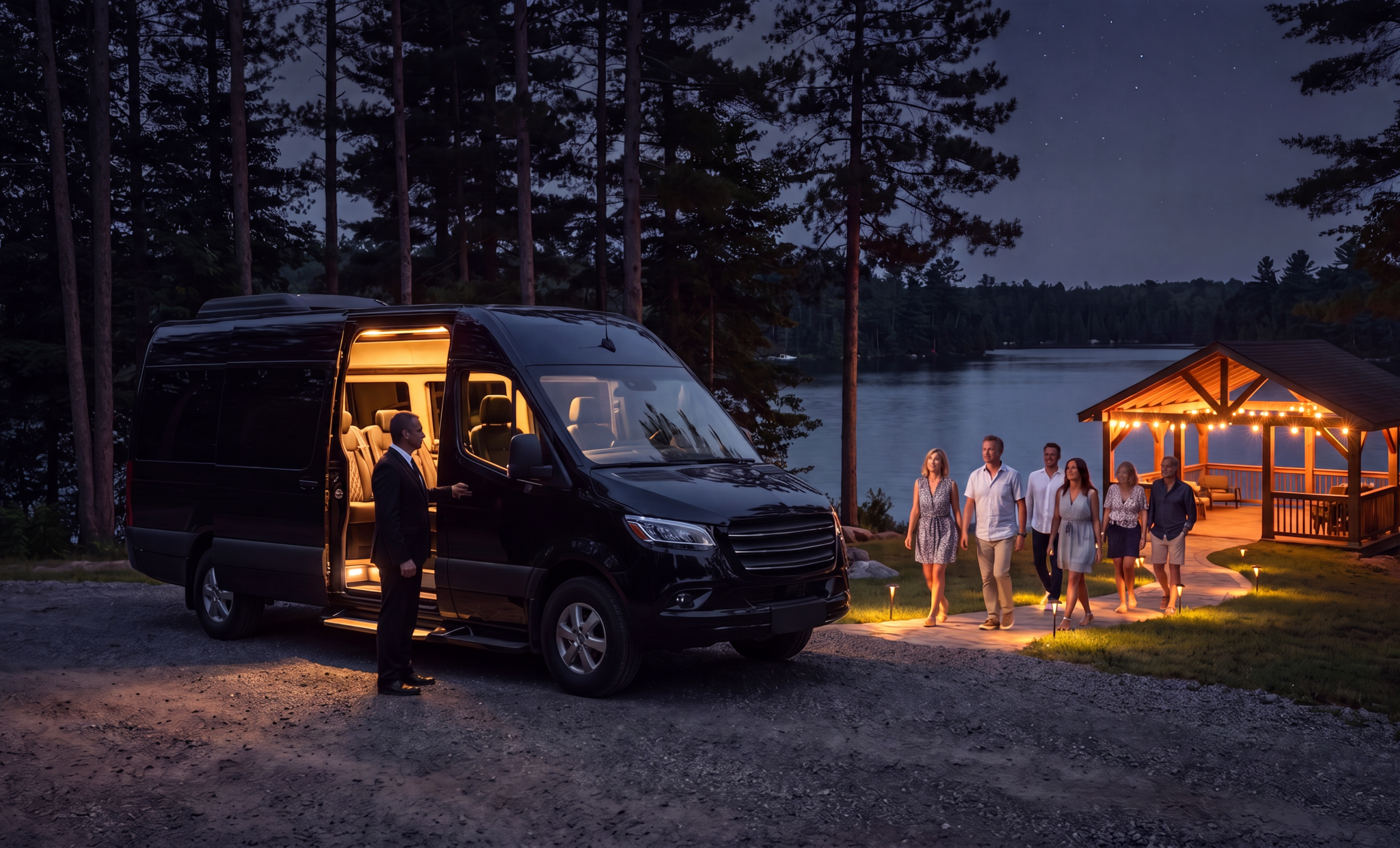 Concert-goers walking from a black van toward warm lakeside venue lights at night in Muskoka