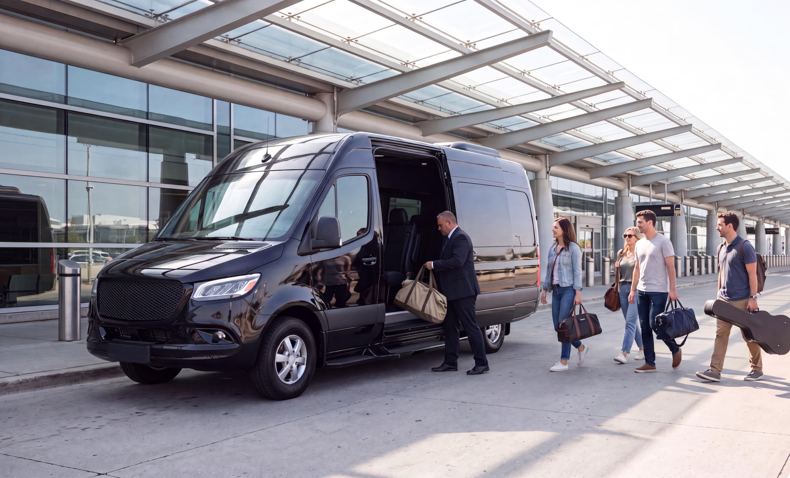 Fly-in group with weekend bags meeting a black Sprinter at a Toronto airport kerb