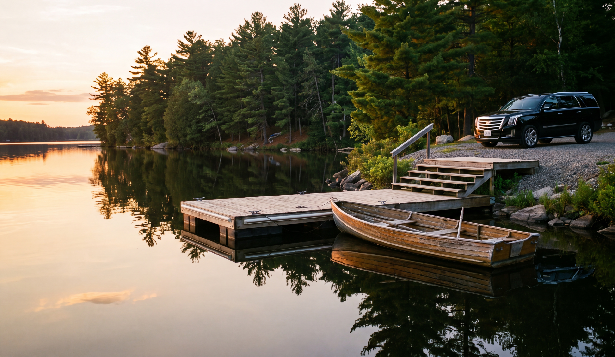 Lake Muskoka dock near Gravenhurst at golden hour