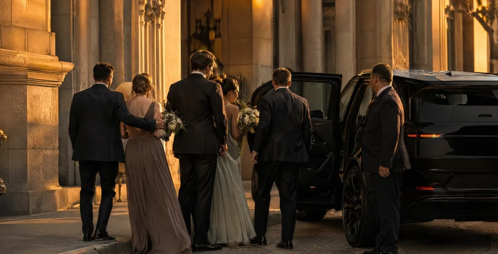 Wedding party in formal attire gathered at a historic stone venue kerb beside a black luxury SUV with its door open