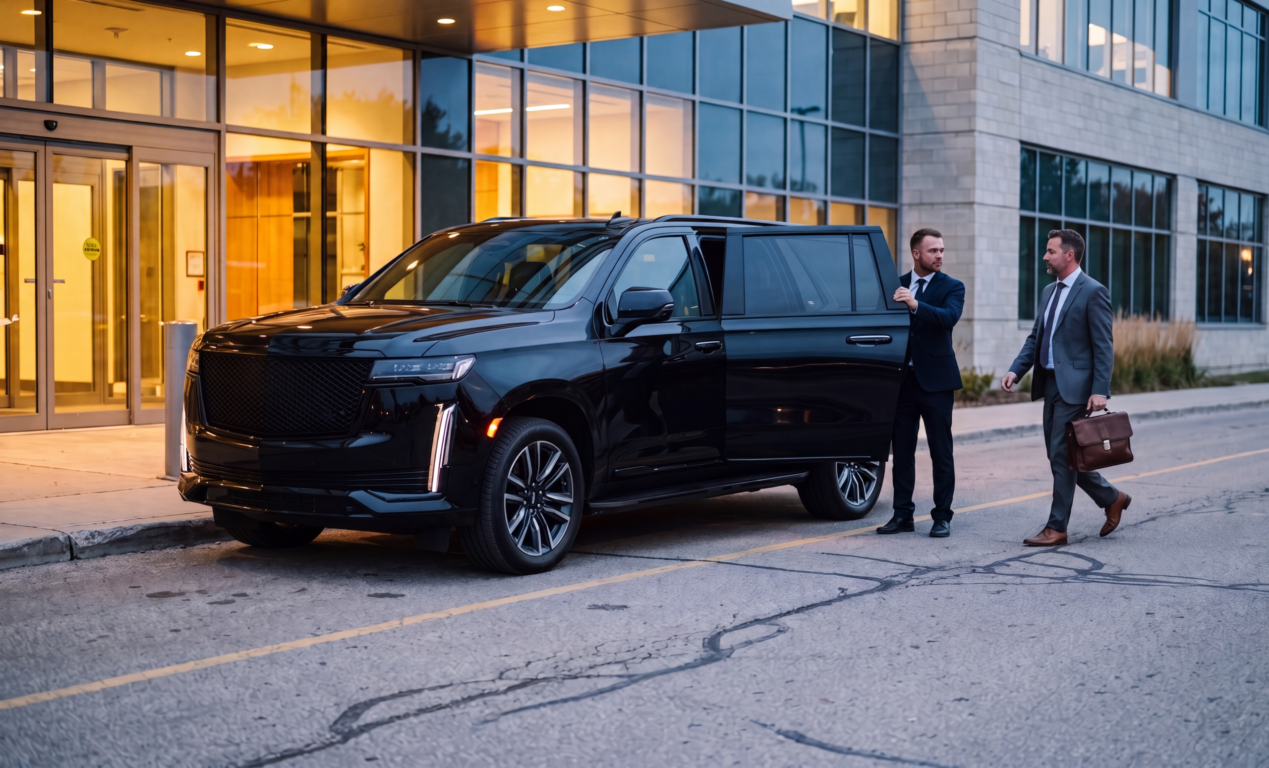 Chauffeur holding the rear door for a visiting executive outside a London Ontario office building near the Western University corridor