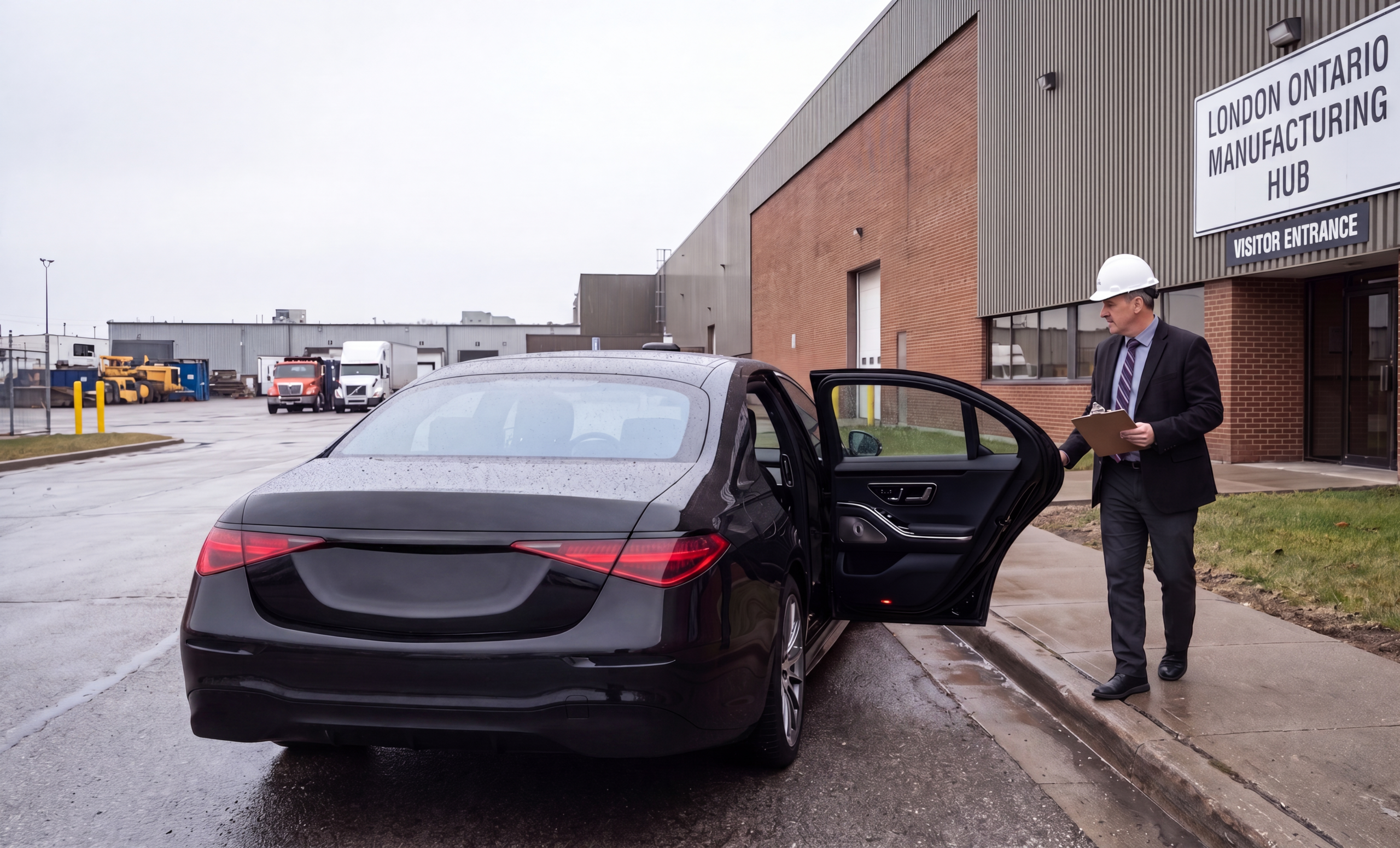 Black Mercedes-Benz S580 sedan at a manufacturing plant visitor kerb on the outskirts of London Ontario