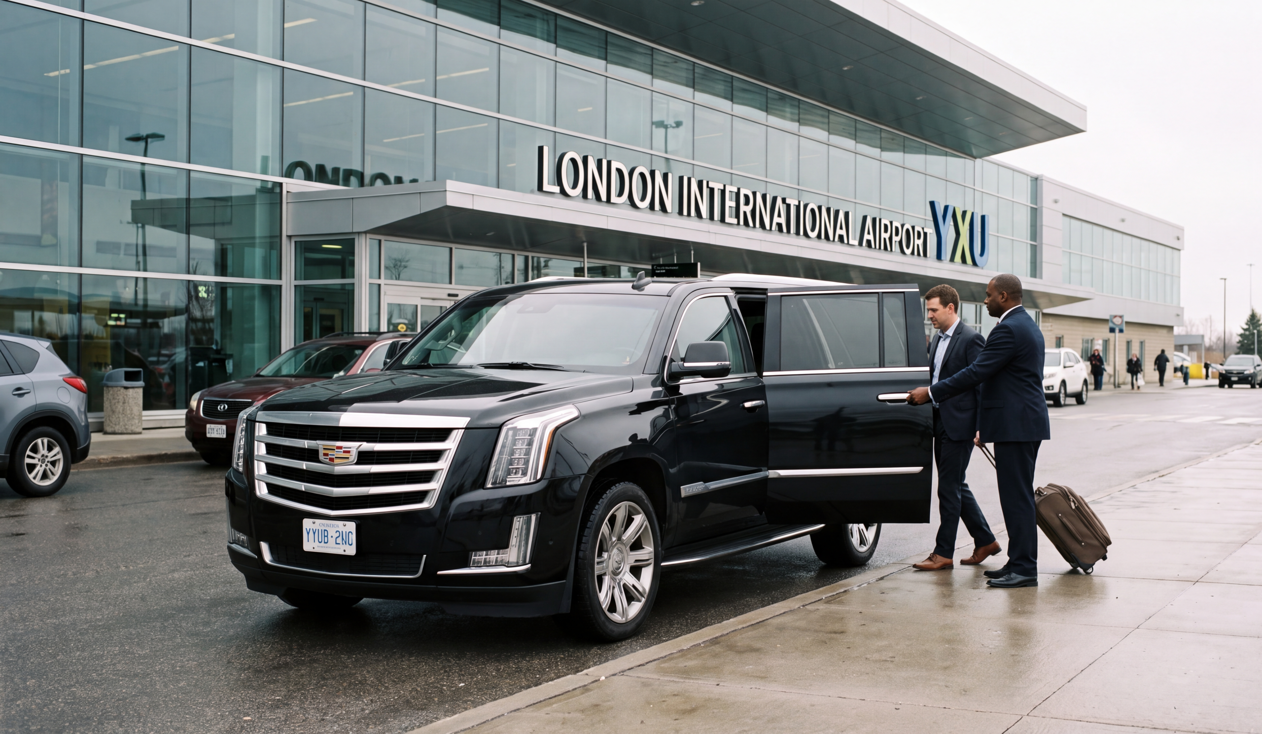 Black Cadillac Escalade ESV parked at the arrivals kerb outside London International Airport, YXU