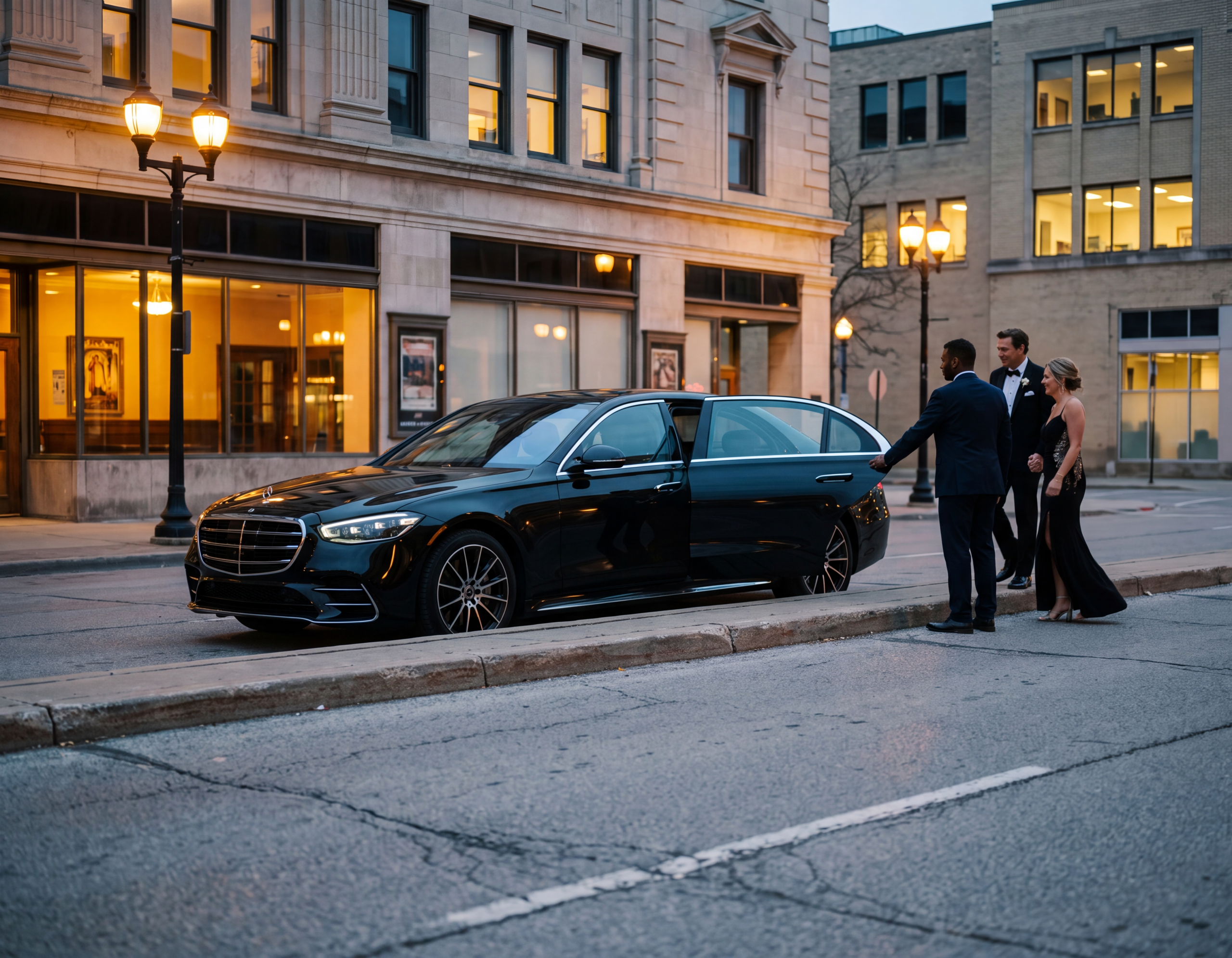 Black Mercedes S-Class outside the Grand Theatre forecourt in London Ontario at dusk