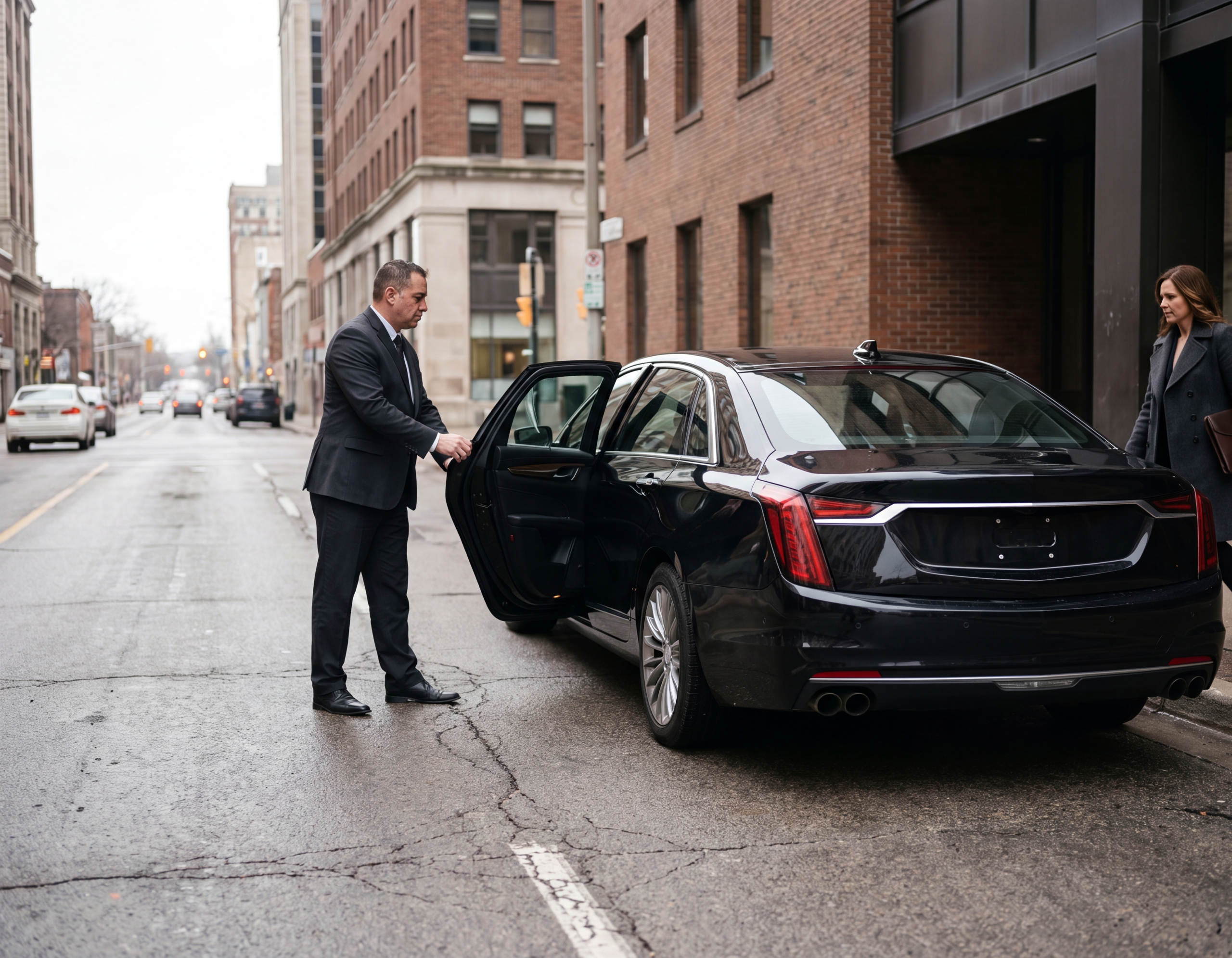 Black Cadillac XTS sedan with chauffeur at a downtown London Ontario office kerb