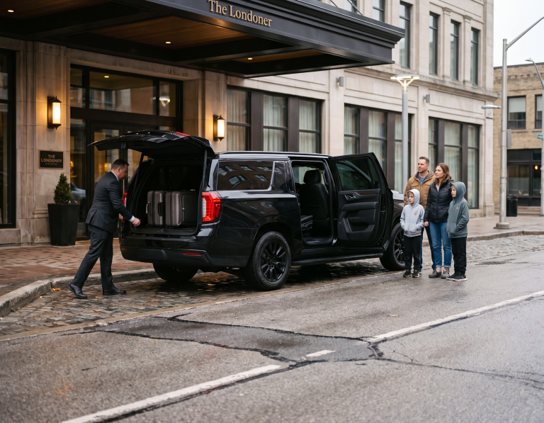 Black GMC Yukon XL at a hotel portico, chauffeur loading luggage while a family of four waits