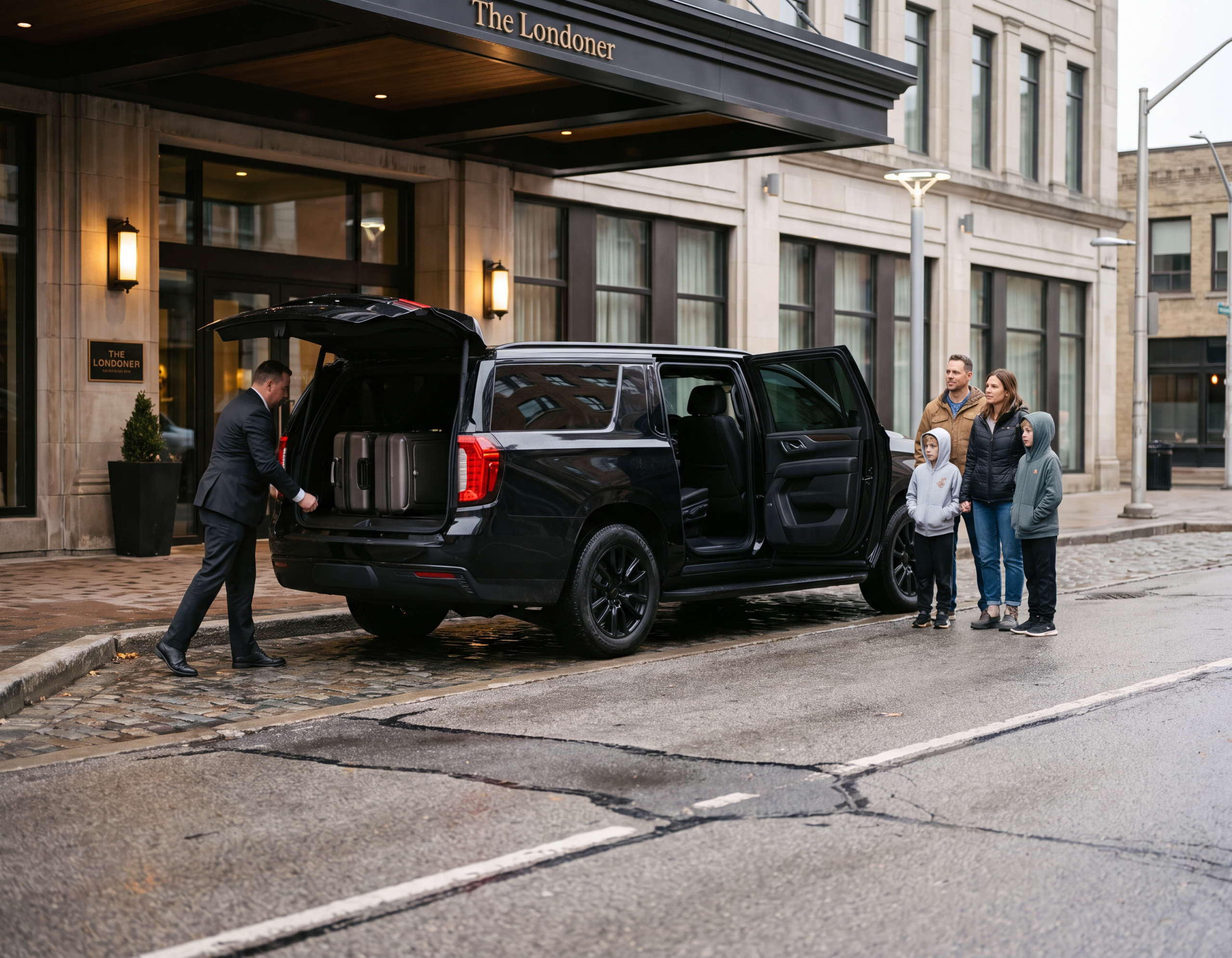 Black GMC Yukon XL SUV at a London Ontario hotel portico near Richmond Row