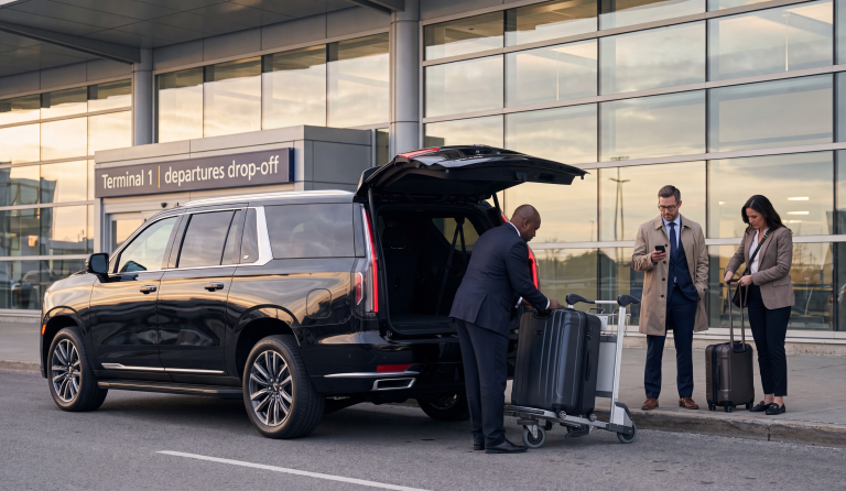 Black Cadillac Escalade ESV at Toronto Pearson Terminal 1 departures drop-off, chauffeur loading luggage at the open trunk