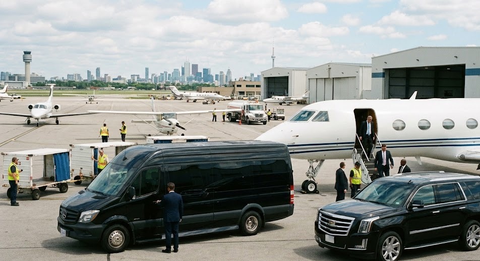 LUX Sprinter airport transfer beside private jet at Toronto FBO