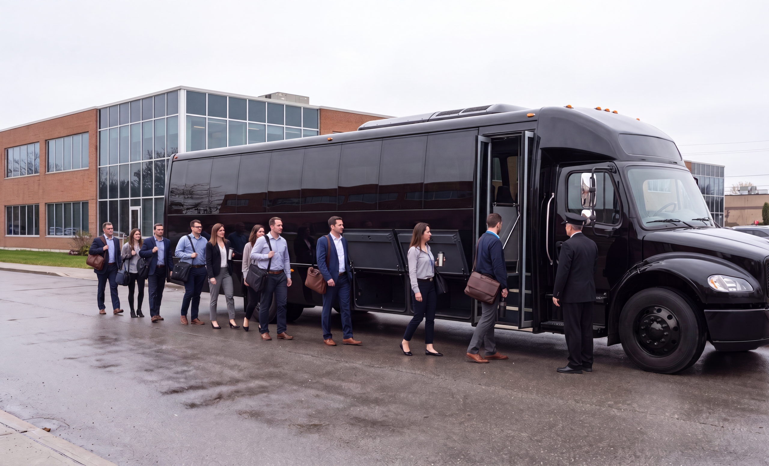 Employees boarding a gloss black mini coach outside a Hamilton-area office for a corporate offsite