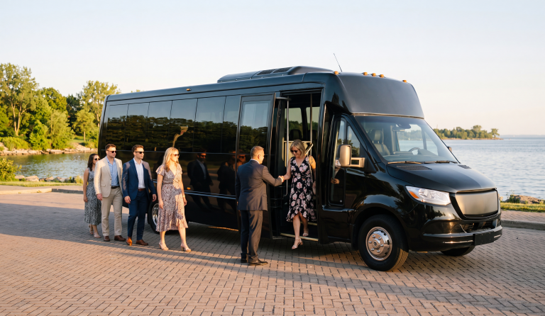Black mini coach dropping wedding guests at a waterfront venue at golden hour