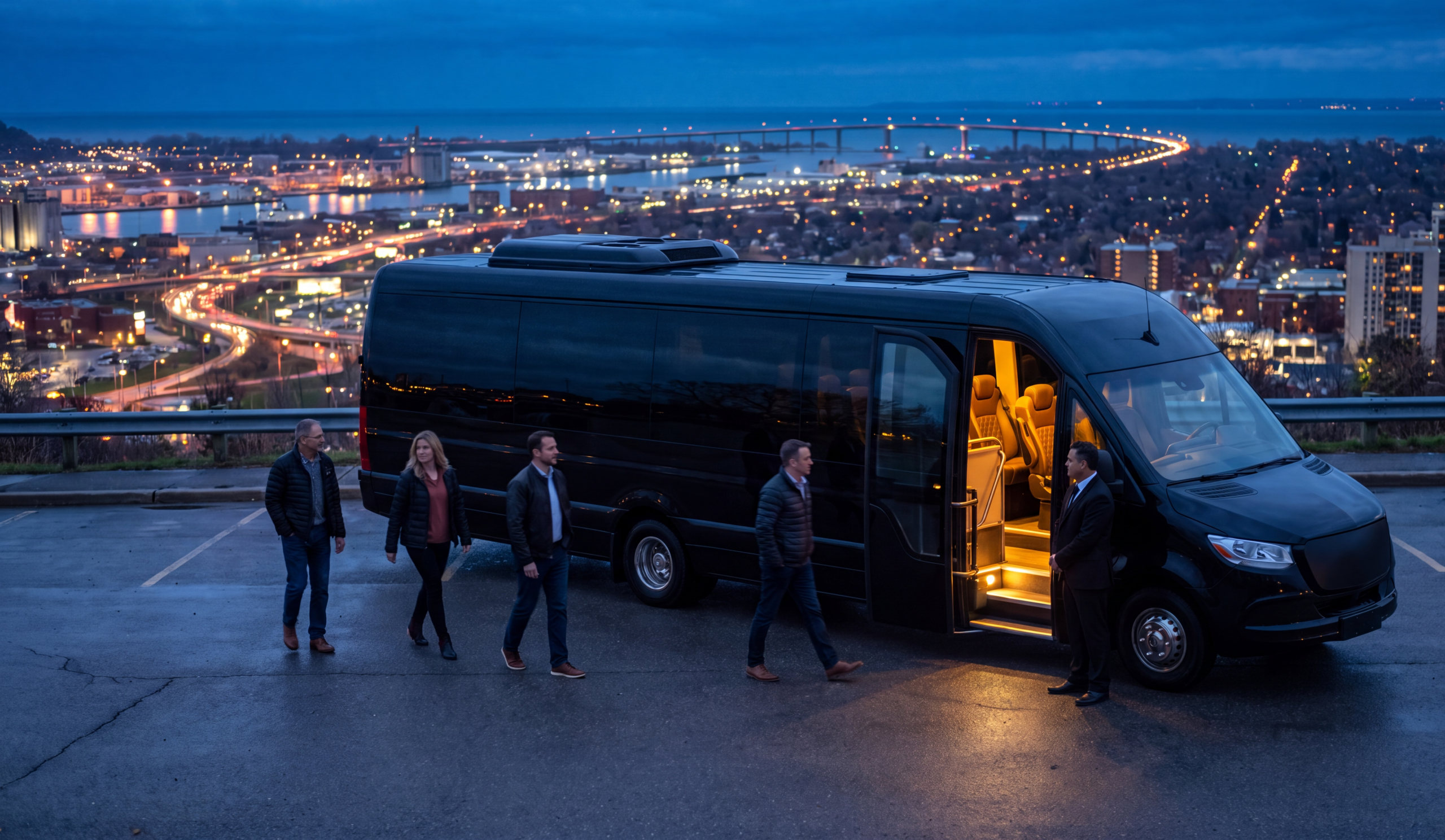 A black executive mini coach stopped at a Hamilton Skyway overlook along the QEW corridor toward Niagara Falls, chauffeur holding the door as passengers board at dusk