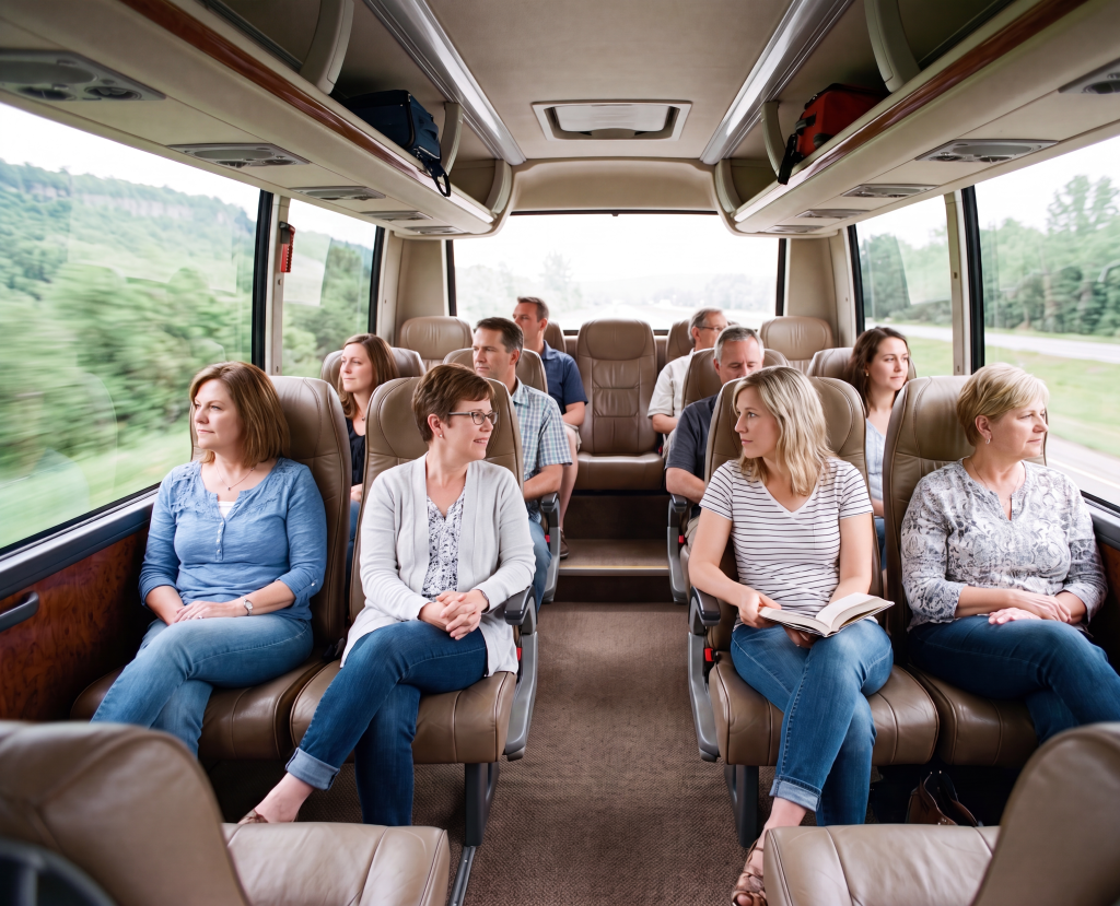 RM Locations 95 Passengers seated inside a black mini coach with the Hamilton escarpment greenery outside