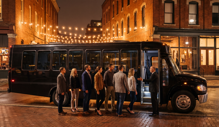 Black mini coach on a brick street under string lights while a formally dressed group boards