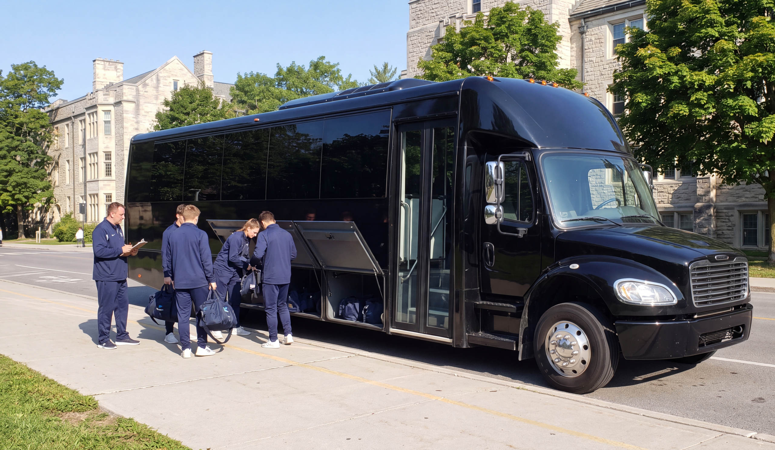 Sports team loading equipment bags into a black mini coach at a Hamilton campus on a clear morning