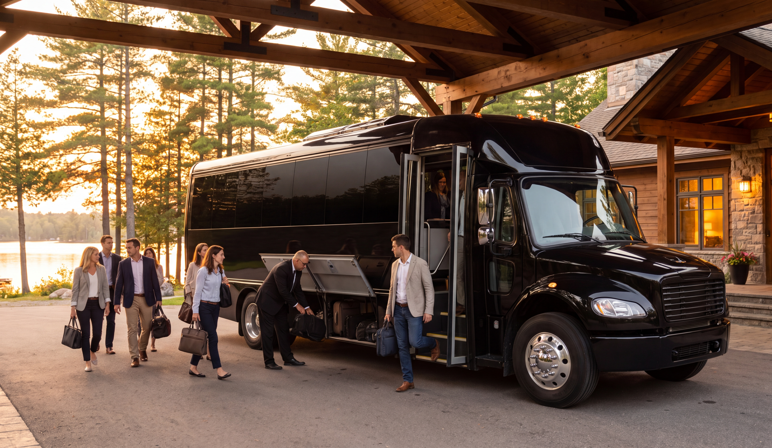 Corporate group arriving by black mini coach at an Ontario lakeside resort for an offsite conference