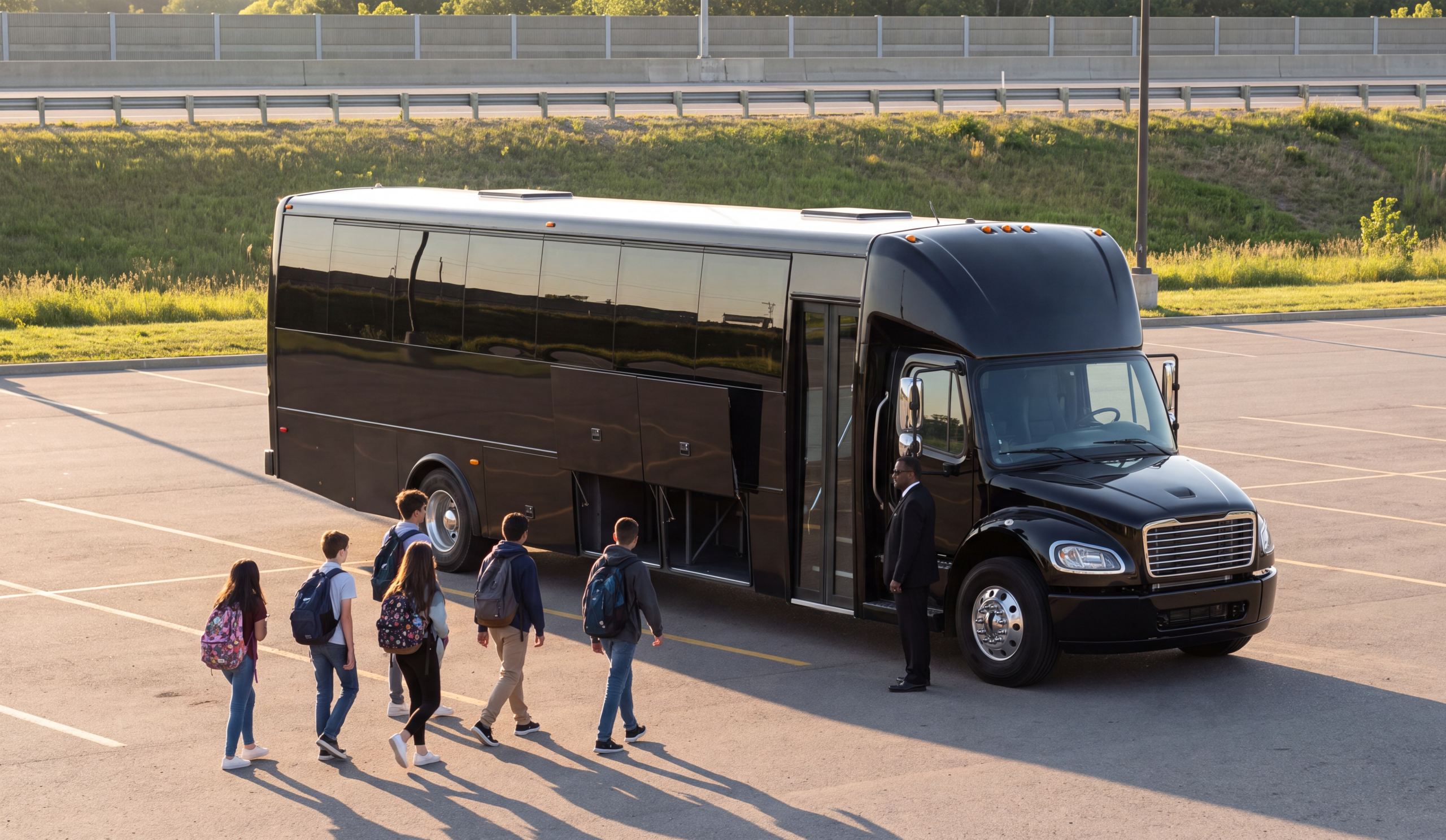 Black mini coach staged at an Ontario park-and-ride for a Hamilton to Toronto group run at golden hour
