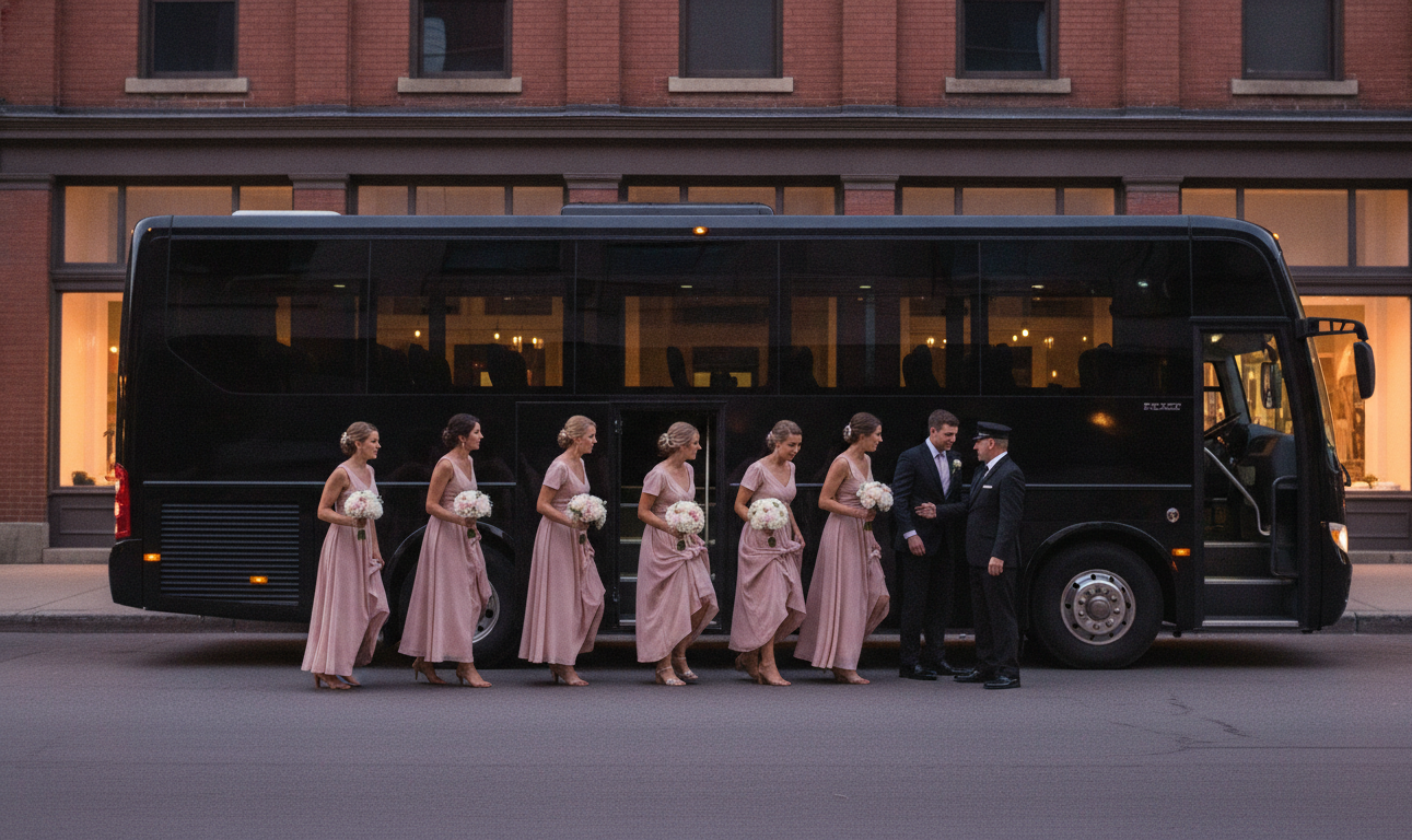 Bridal party stepping from a black mini coach on a red-brick downtown Hamilton street at dusk