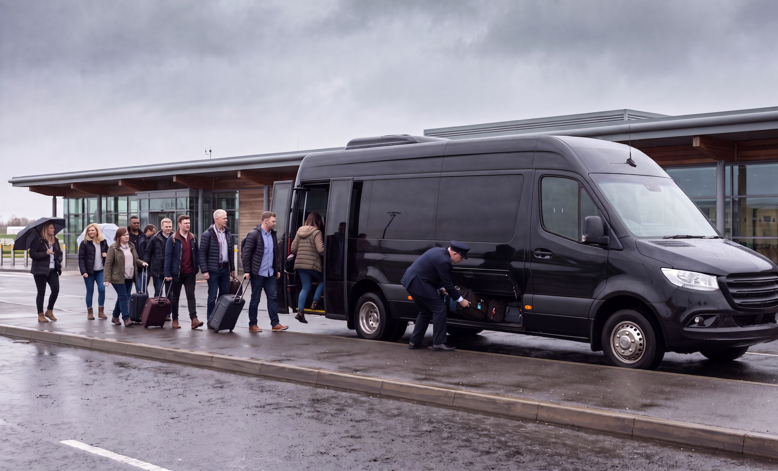 Black mini coach collecting a group with luggage at Hamilton airport terminal kerb