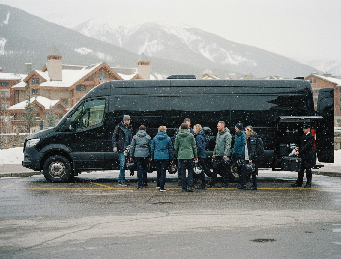Ottawa to Mont Tremblant Ski Bus Charter 3 Black 27-passenger mini-coach at Mont Tremblant resort base village, ski group disembarking with helmets and boards