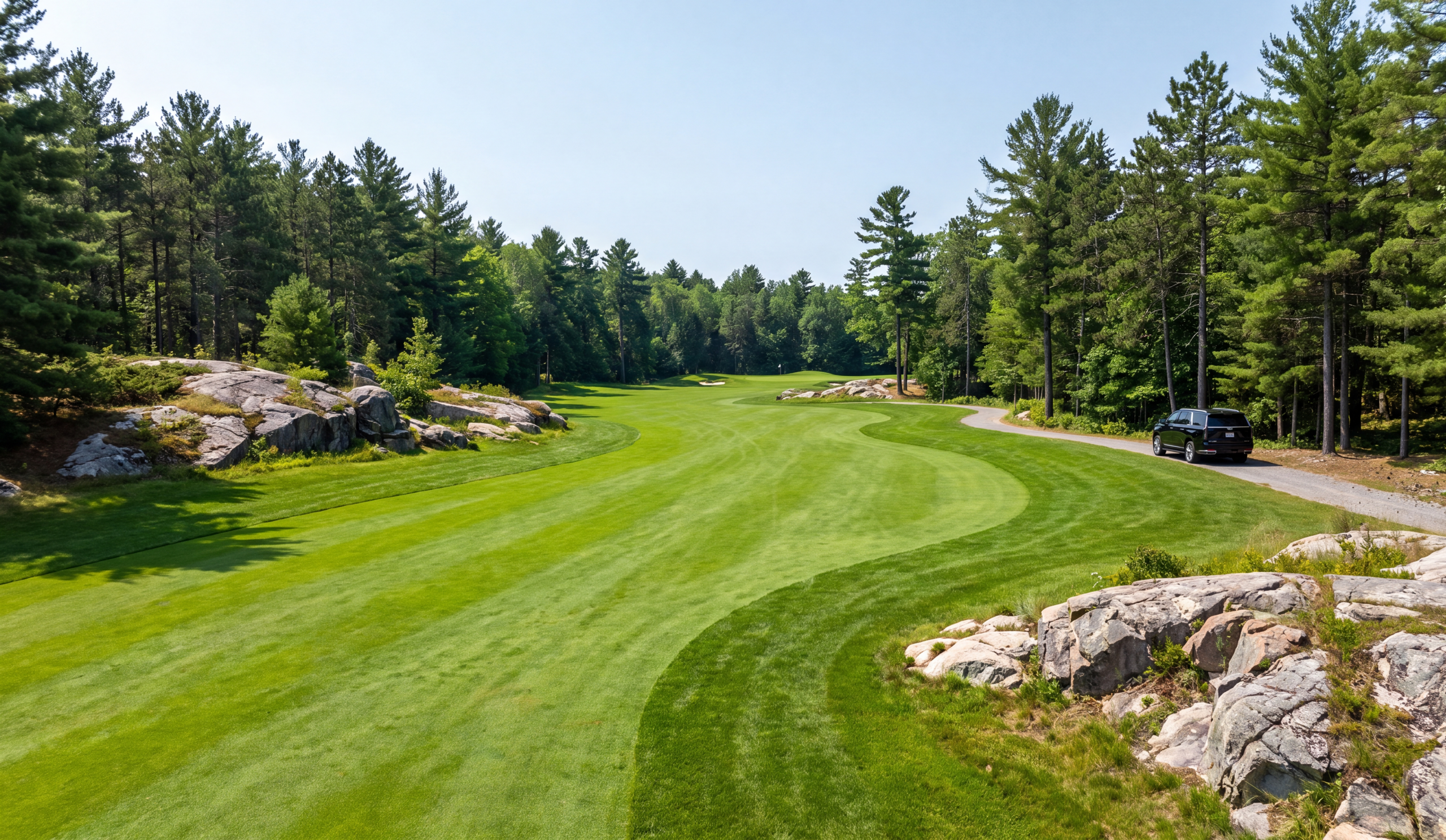Muskoka Bay Resort golf fairway with a black Escalade parked on the cart path