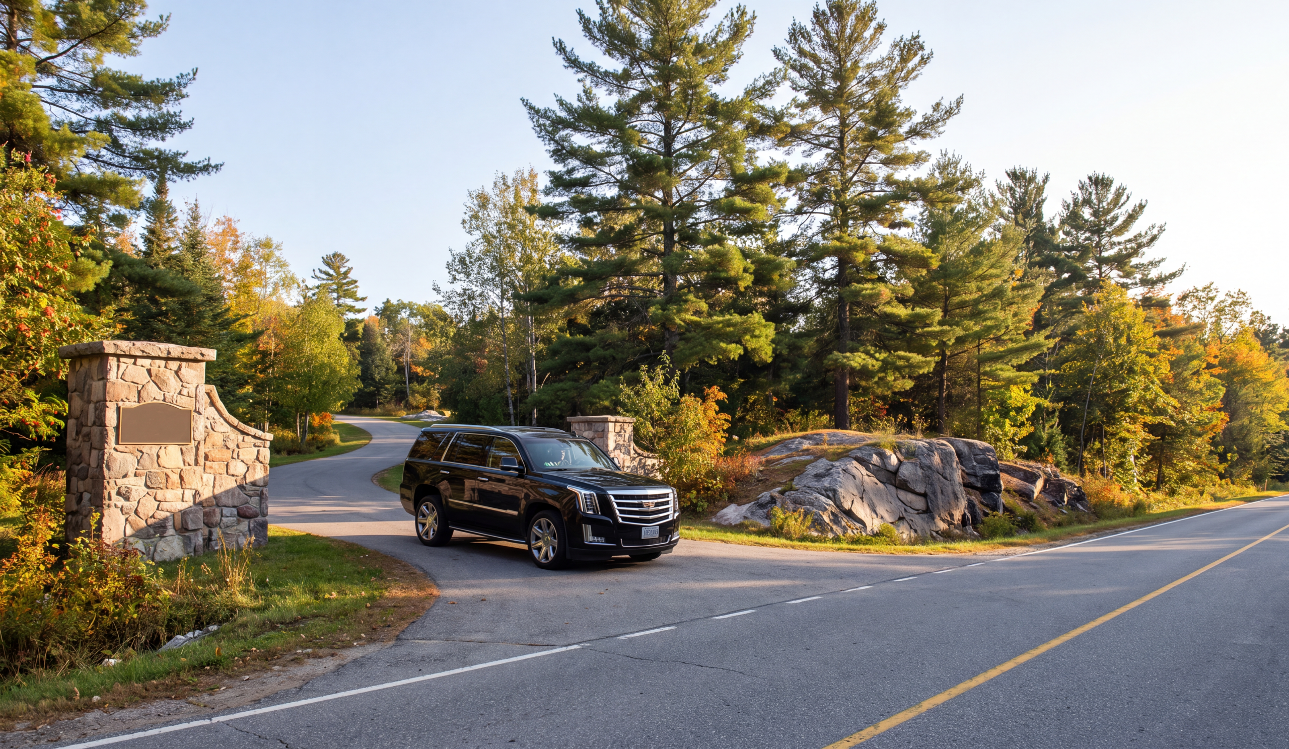 Muskoka Bay Resort entrance drive with a black Escalade arriving