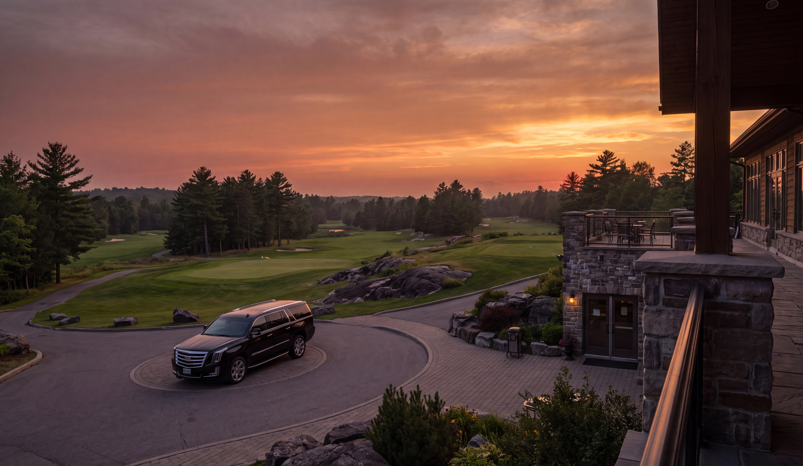 Black Escalade at Muskoka Bay Resort at sunset with the golf course behind it