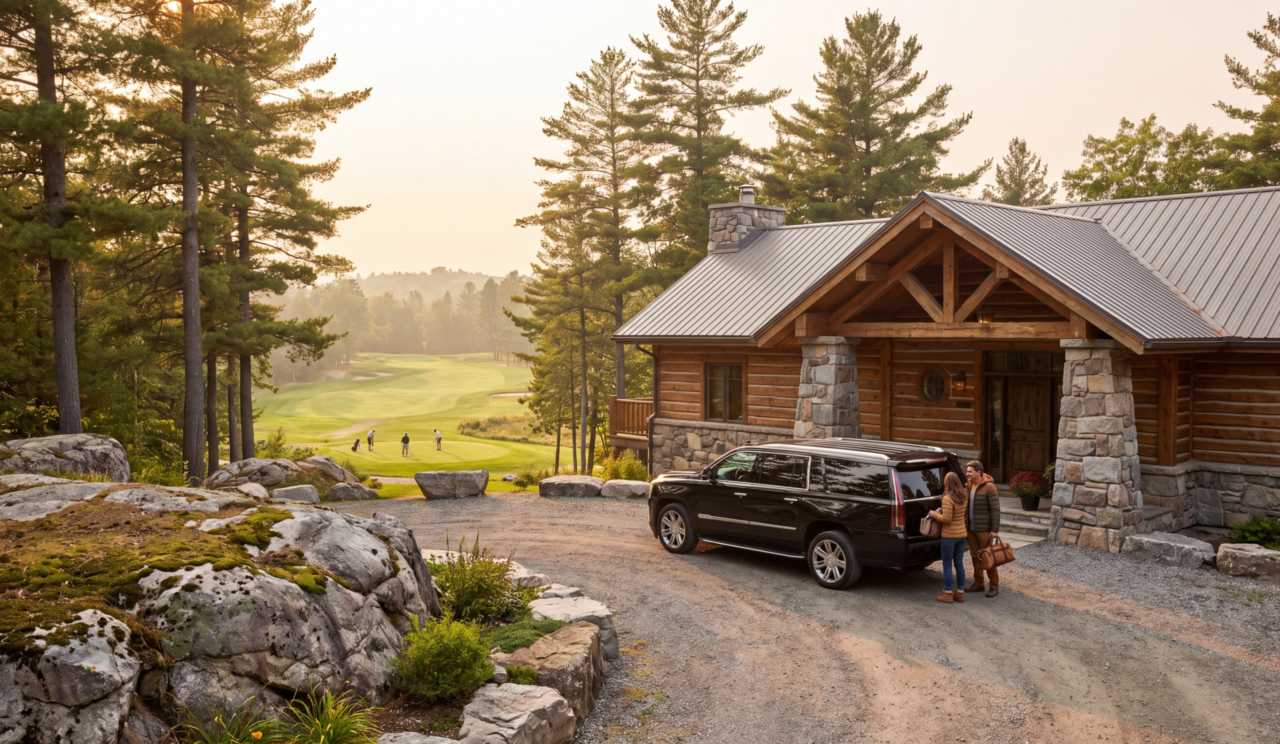 Muskoka lodge exterior near Bala with a black Escalade