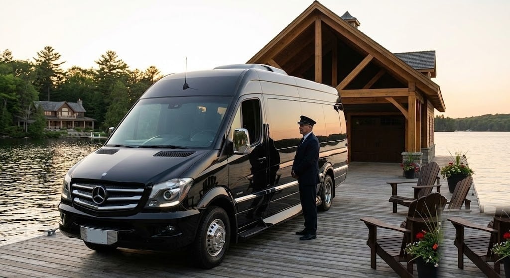 Black Mercedes Sprinter at a Muskoka lakefront boathouse at sunset with a chauffeur standing by the vehicle