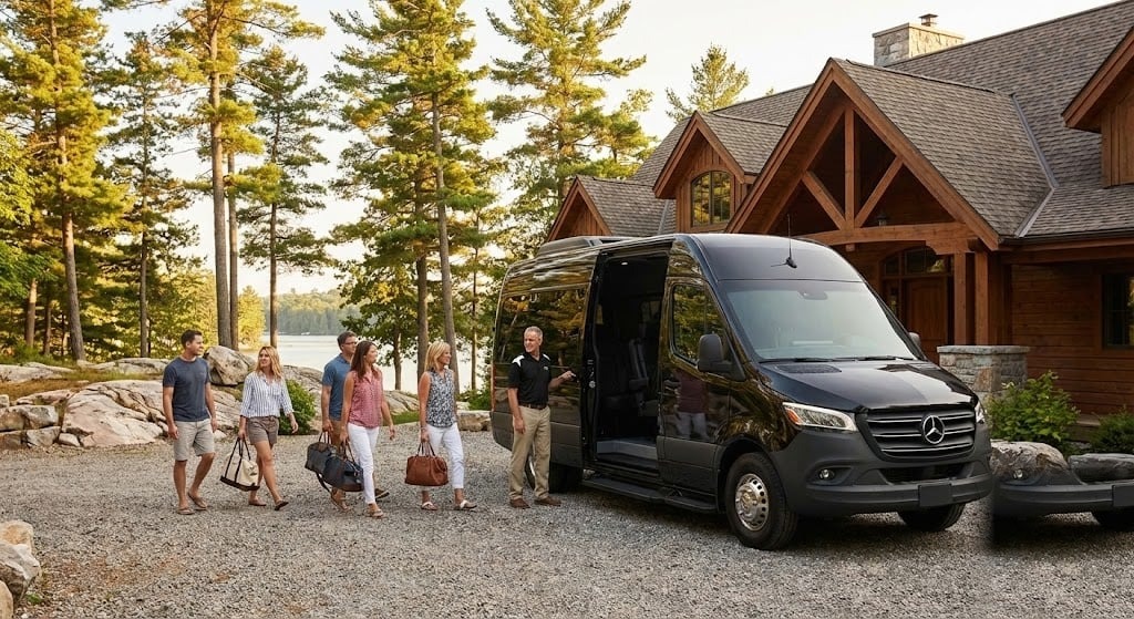 Black Mercedes Sprinter shuttle at a Muskoka lakeside lodge with wedding guests walking up with luggage