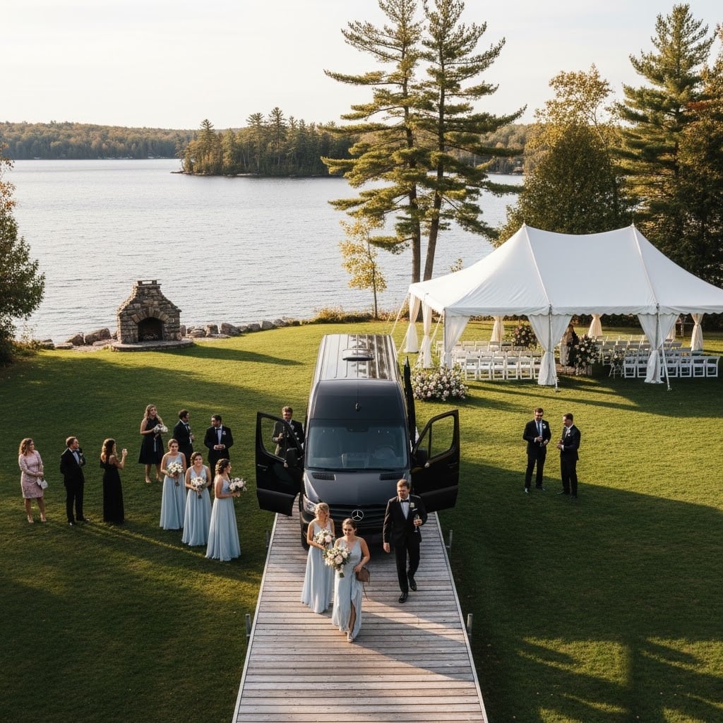 Black Sprinter van parked beside a lakeside Muskoka estate with a reception tent, a small group walking a dock toward the water