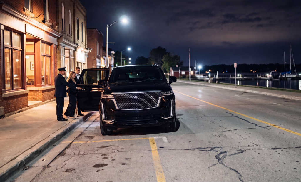 Black Cadillac Escalade at a lakeside restaurant kerb on the Lake Scugog waterfront at night, chauffeur holding the door for a couple