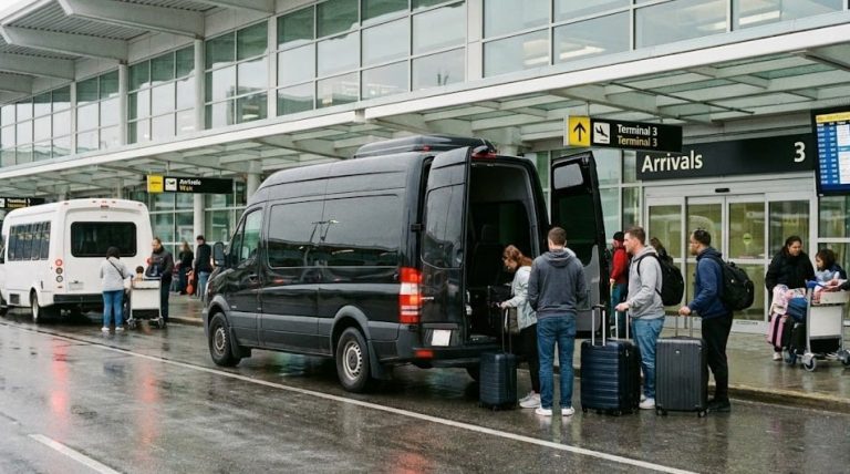 Black Mercedes-Benz Sprinter at the Toronto Pearson Terminal 3 arrivals kerb, a group boarding with luggage