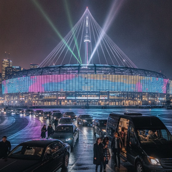 Rogers Centre stadium exterior at night with its retractable roof illuminated and vehicles queued at the kerb