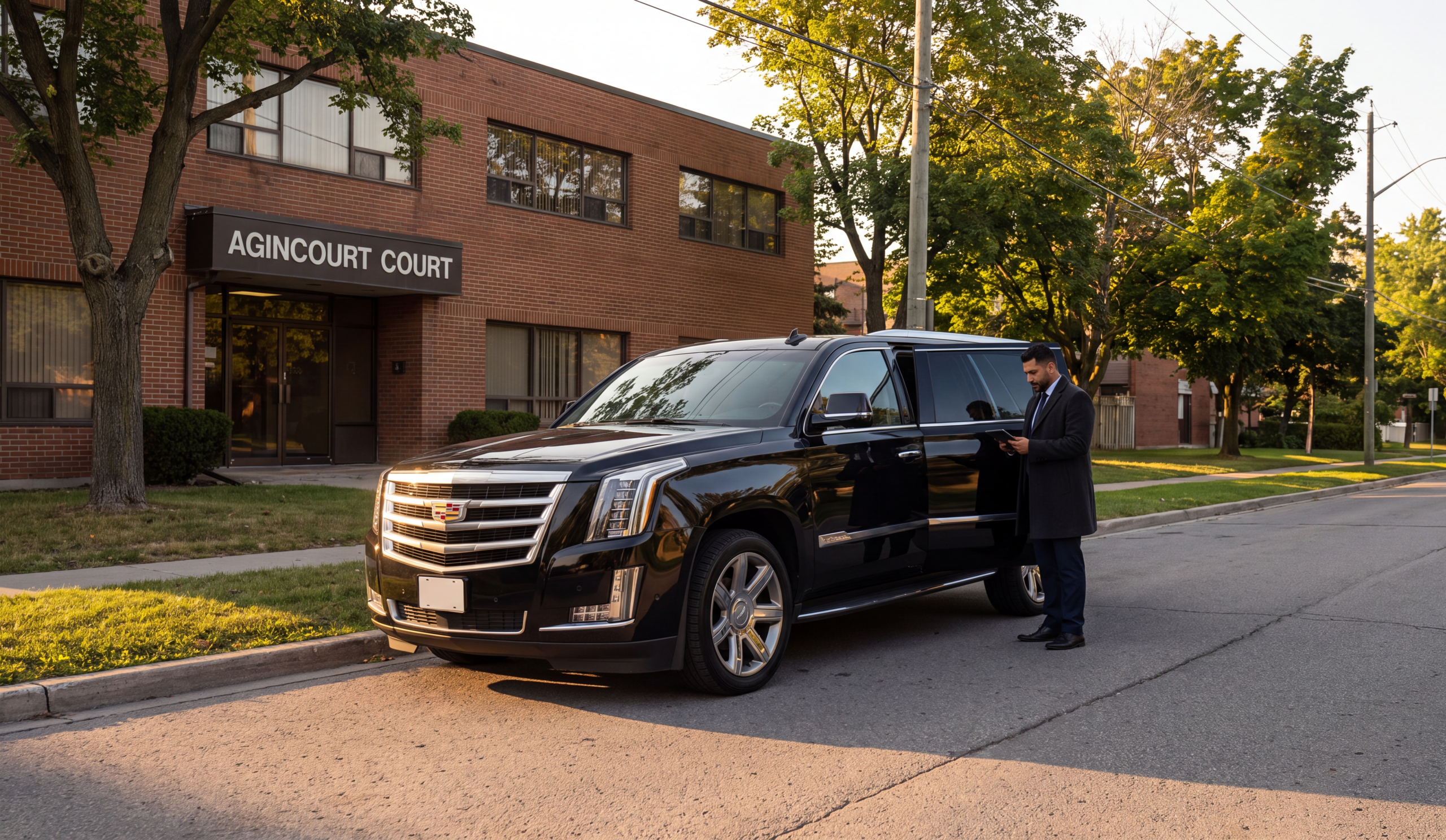 Black Cadillac Escalade staged outside a small Agincourt corporate office building at golden hour